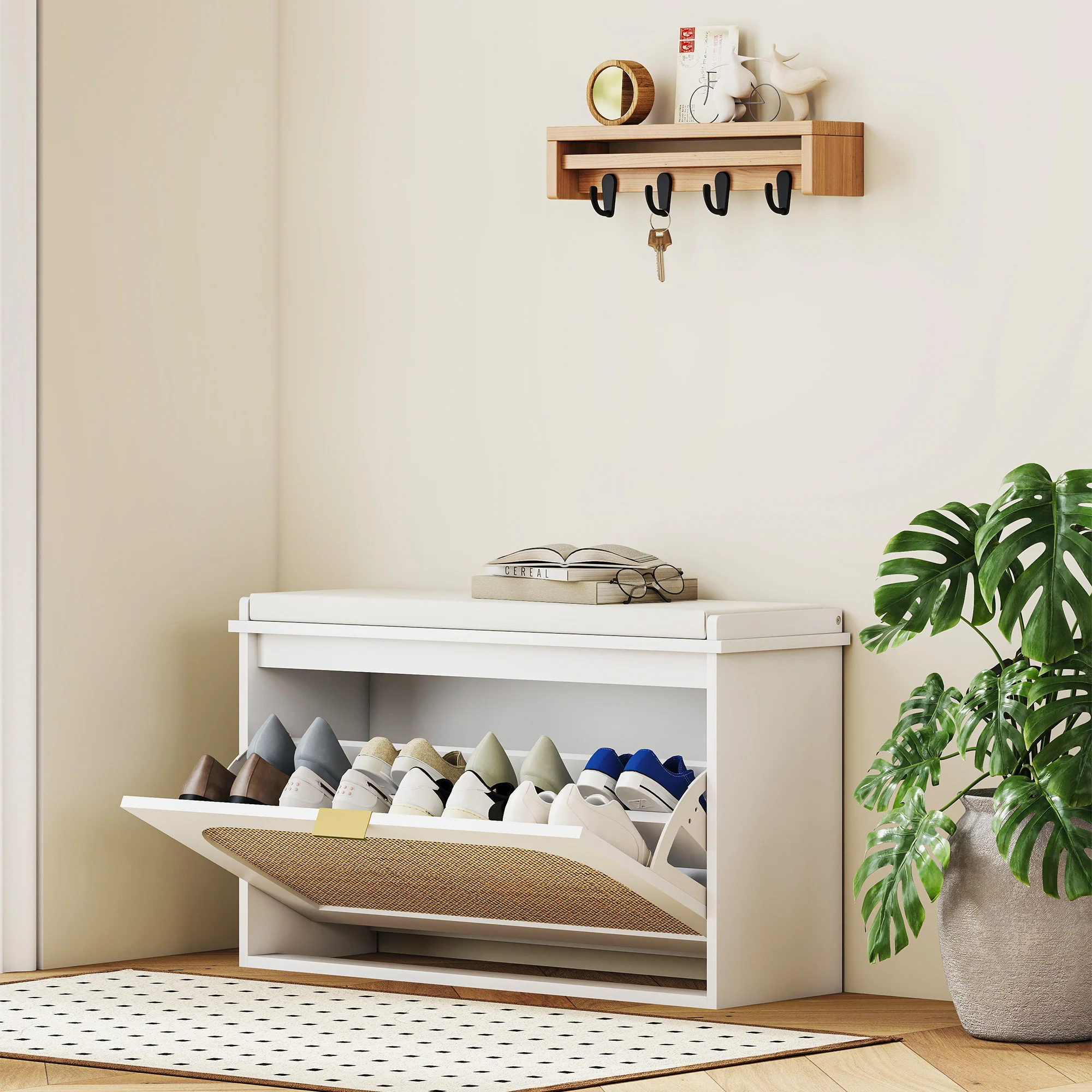 HOMCOM Boho Shoe Bench With Padded Seat And Flip-Drawer - Image 11