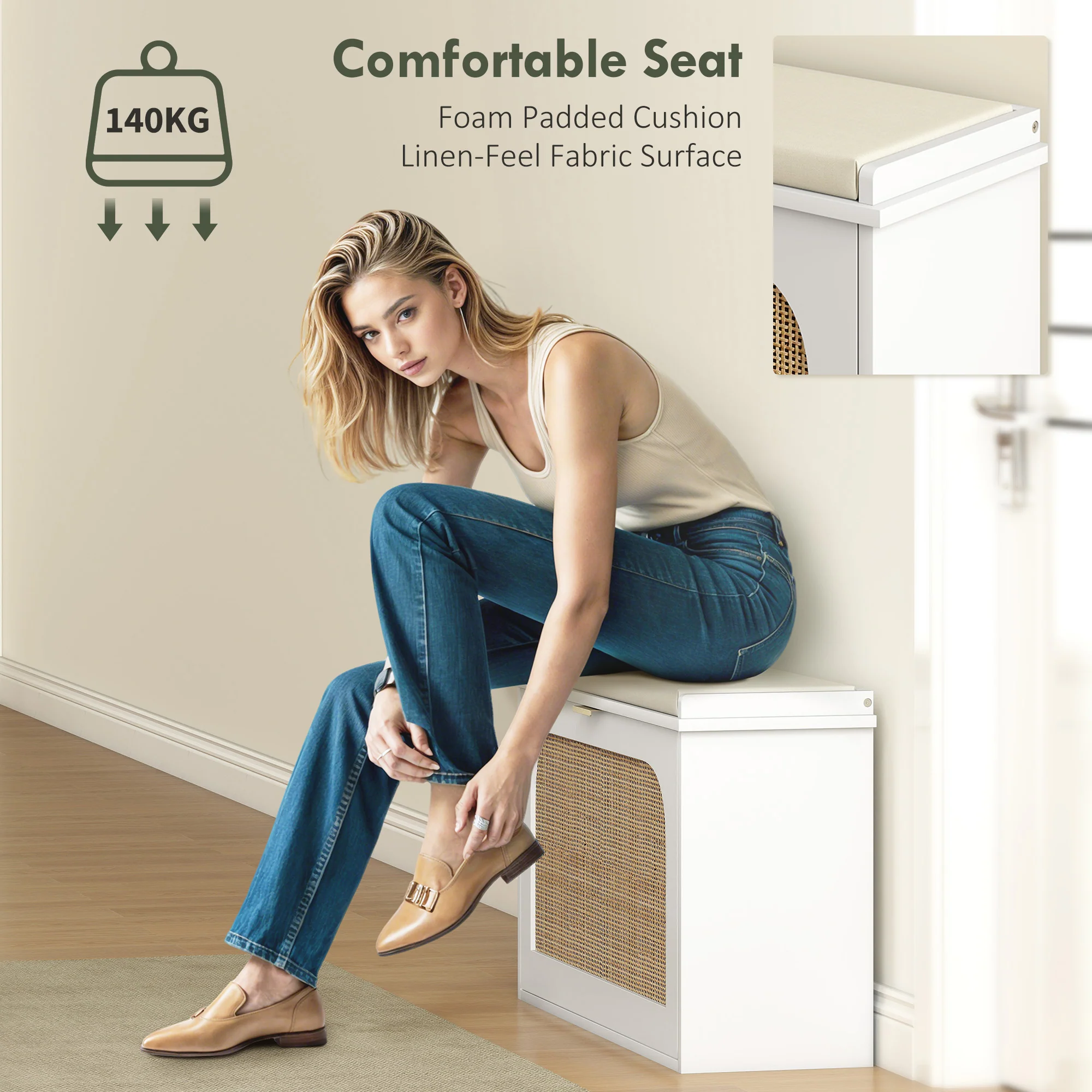 HOMCOM Boho Shoe Bench With Padded Seat And Flip-Drawer - Image 13
