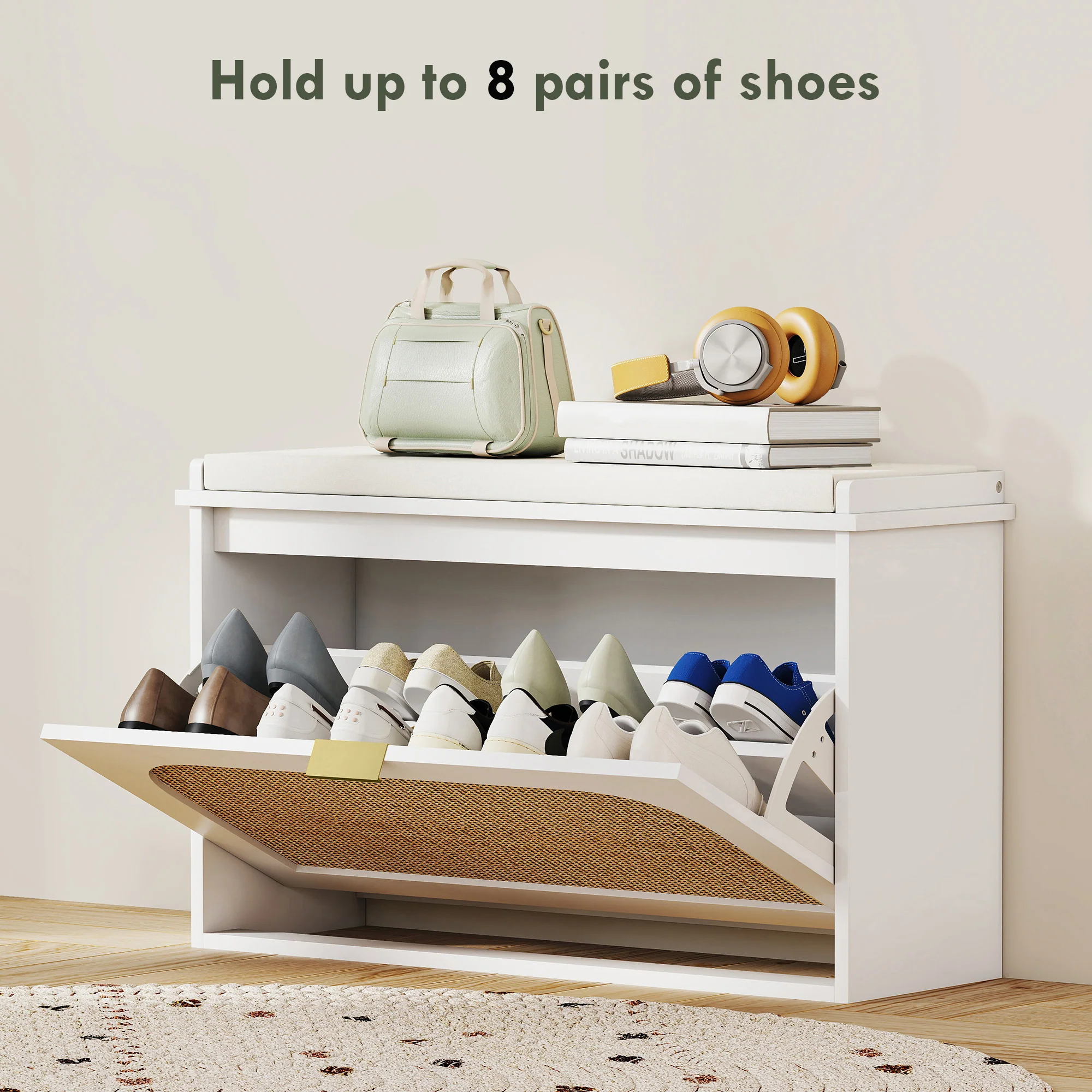 HOMCOM Boho Shoe Bench With Padded Seat And Flip-Drawer - Image 15