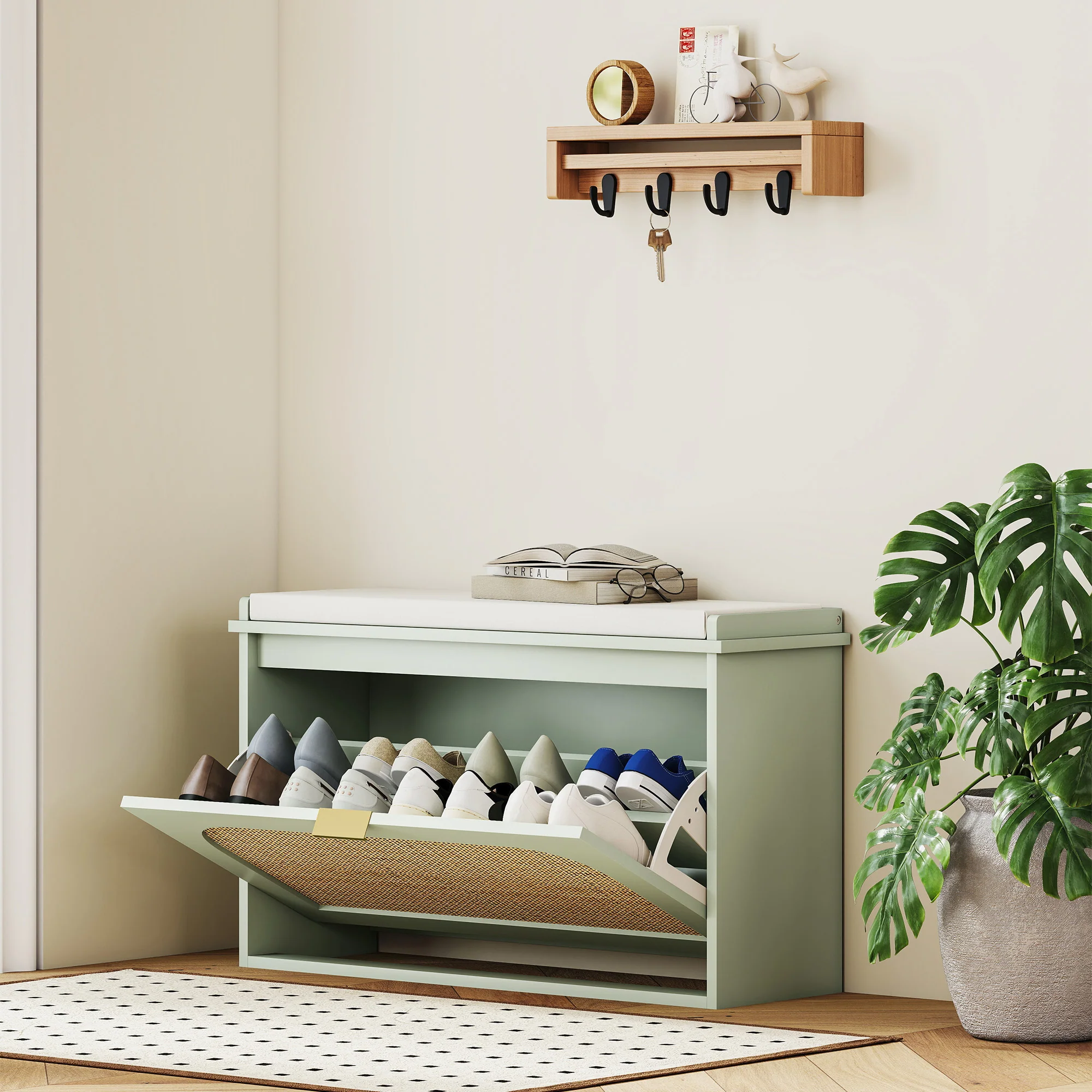 HOMCOM Boho Shoe Bench With Padded Seat And Flip-Drawer - Image 2