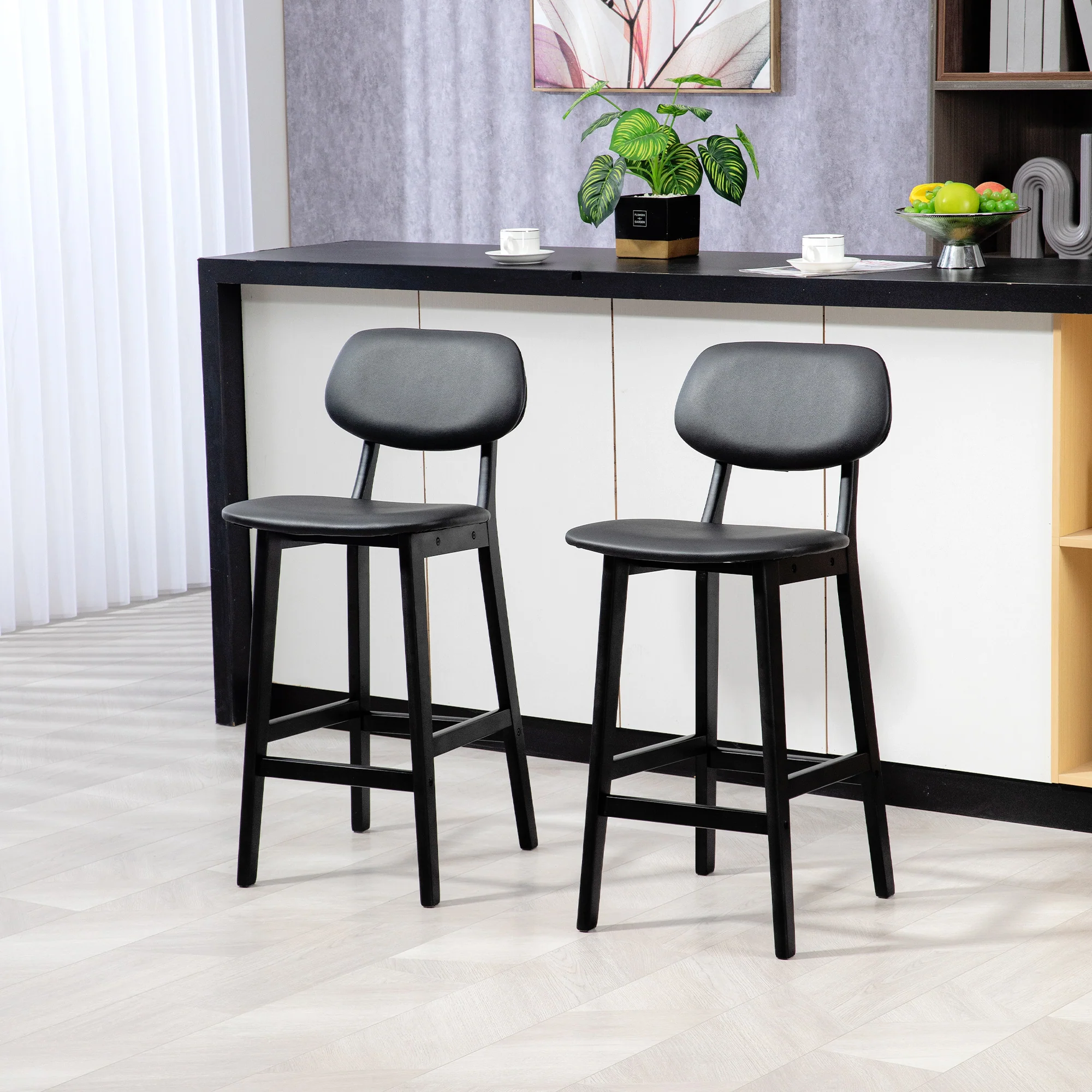 HOMCOM Breakfast Bar Stools Set Of 2 With PU Leather Cover, Wood Legs, Dark Grey - Image 12