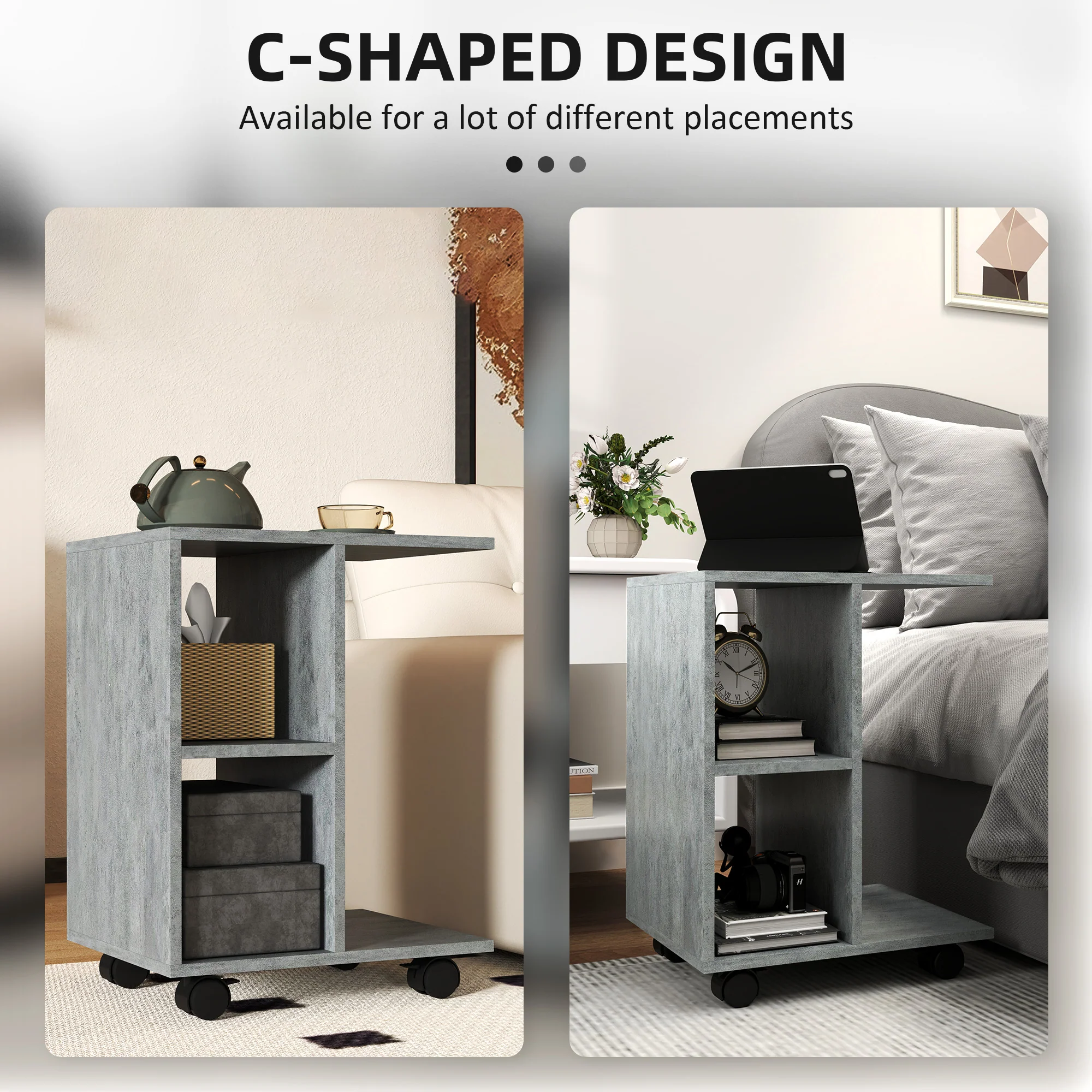 HOMCOM C-Shape End Table Storage Unit W/ 2 Shelves 4 Wheels Home - Image 4