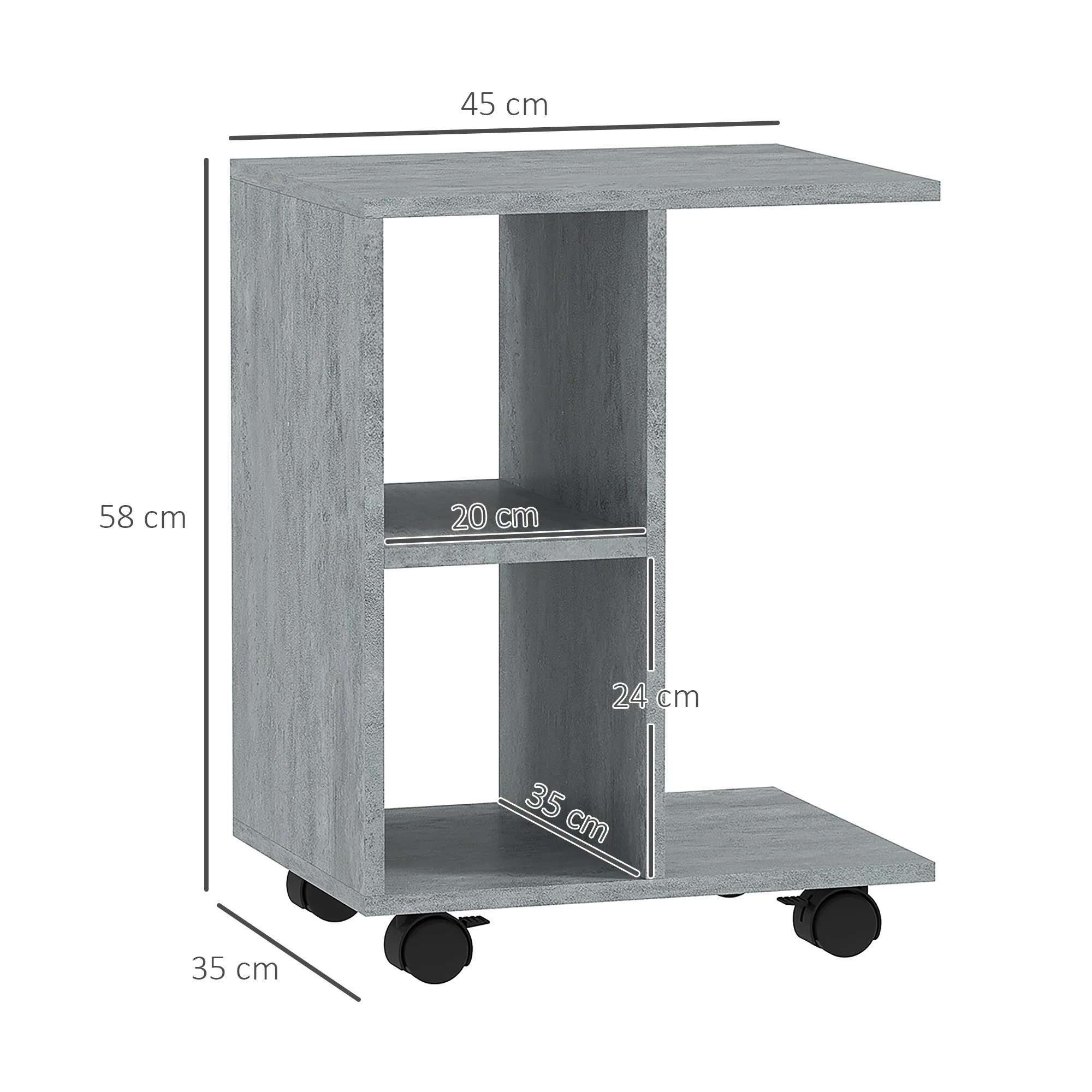 HOMCOM C-Shape End Table Storage Unit W/ 2 Shelves 4 Wheels Home - Image 5