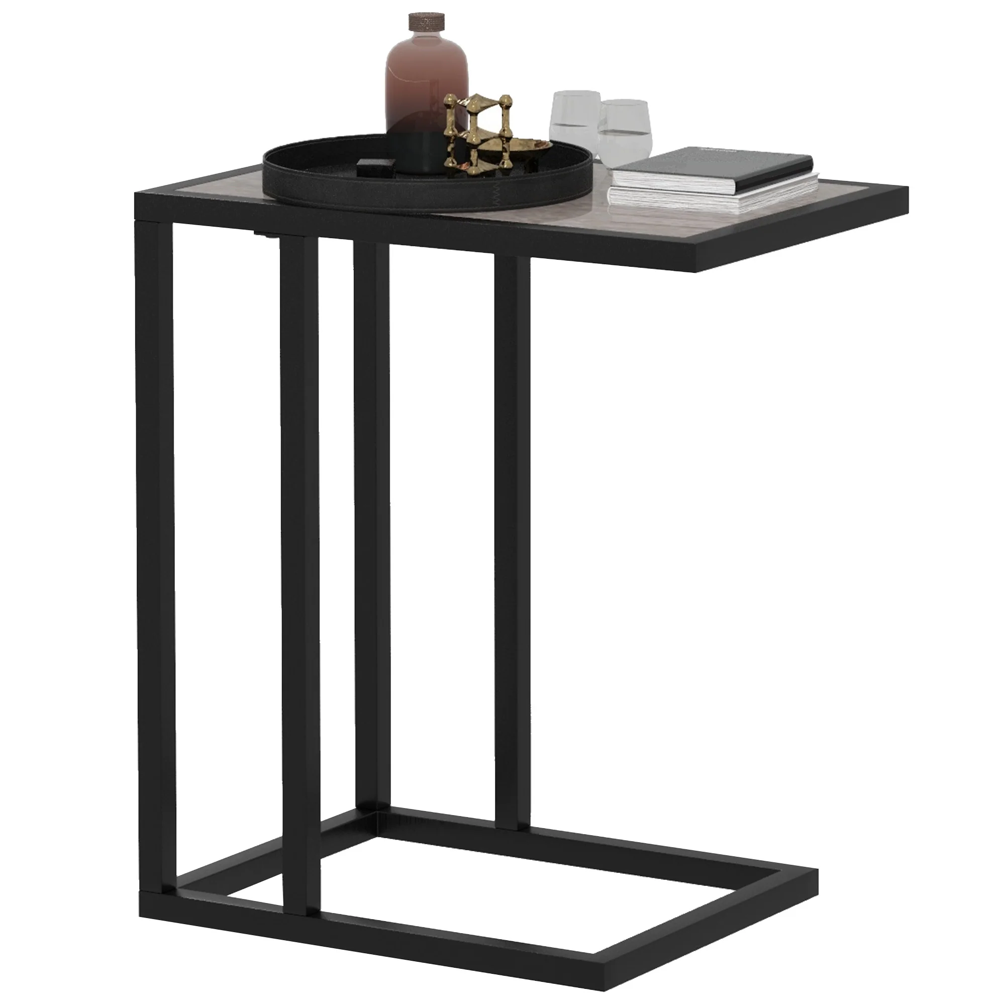 HOMCOM C Shape Side Table W/ Marble-Effect Top, Grey
