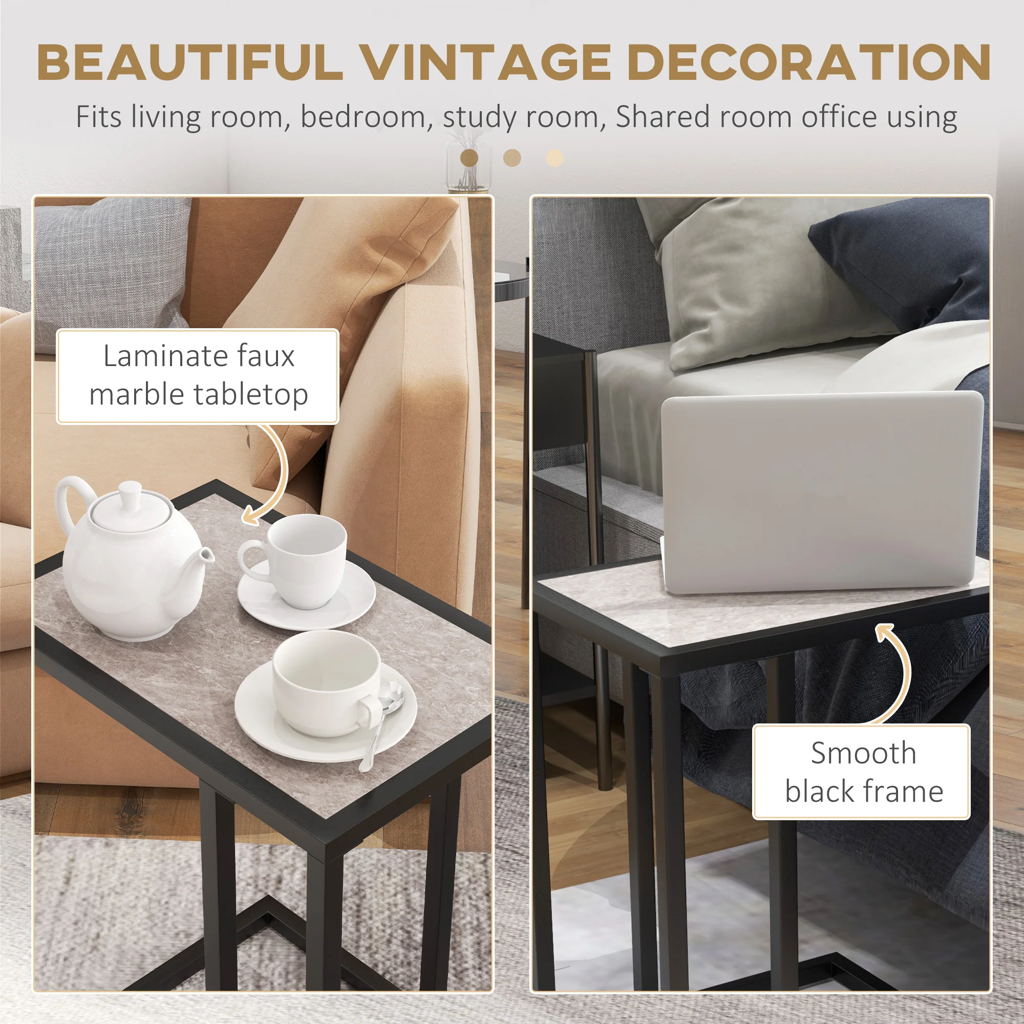 HOMCOM C Shape Side Table W/ Marble-Effect Top, Grey - Image 4