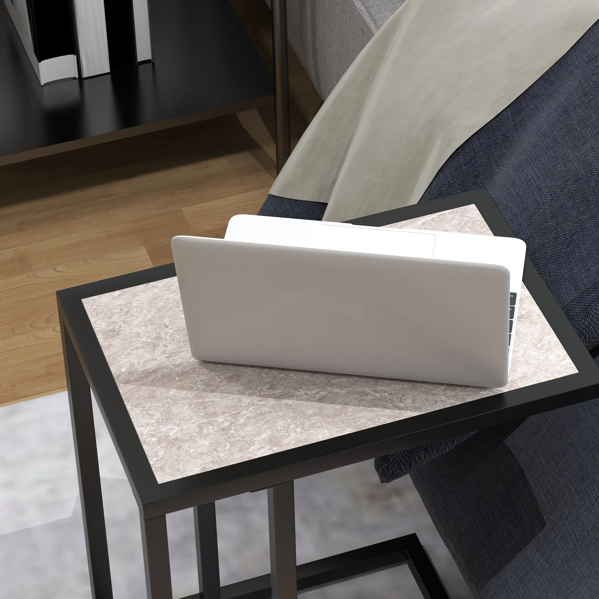 HOMCOM C Shape Side Table W/ Marble-Effect Top, Grey - Image 9