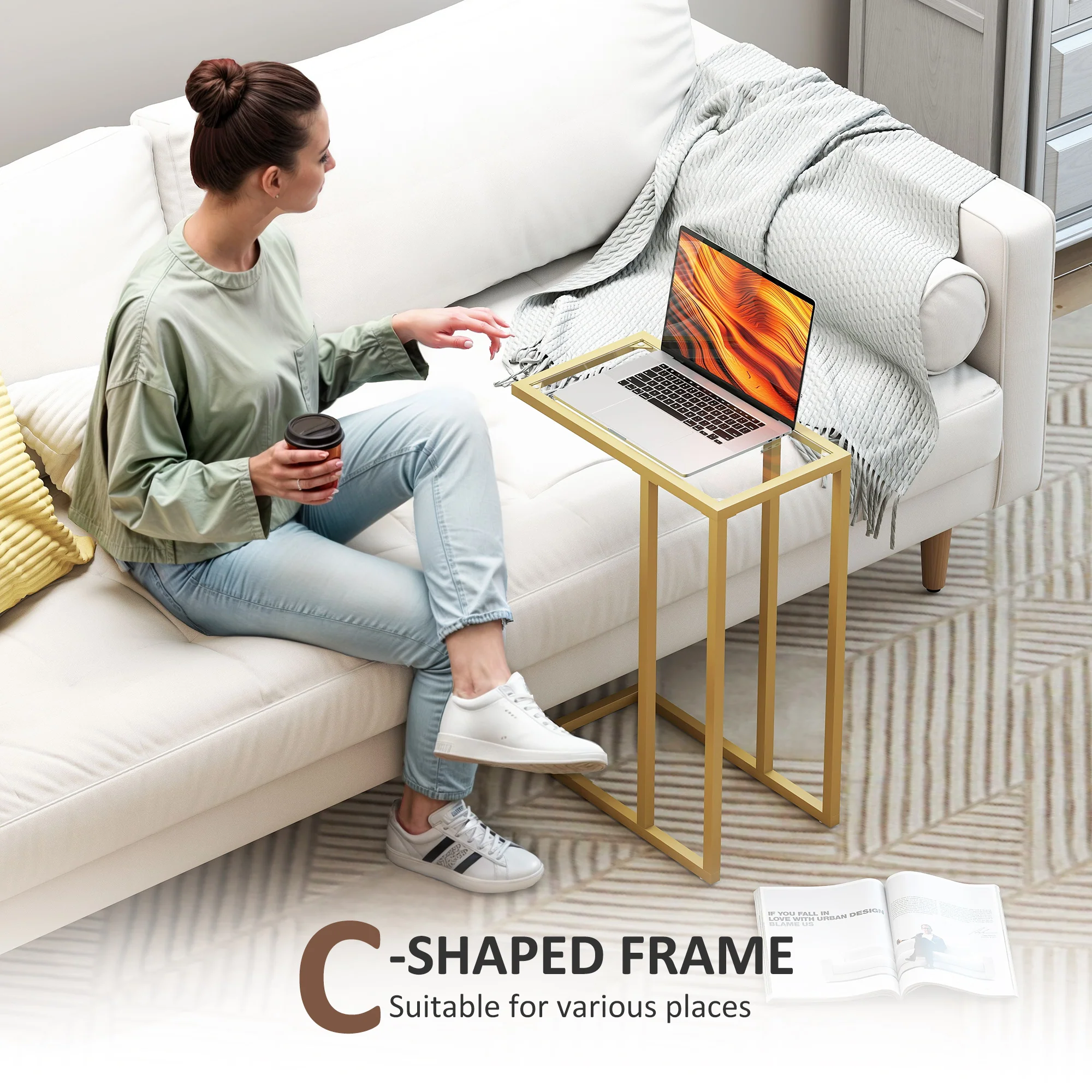 HOMCOM C-Shaped Side Table, End Table with Tempered Glass Tabletop, Gold - Image 3