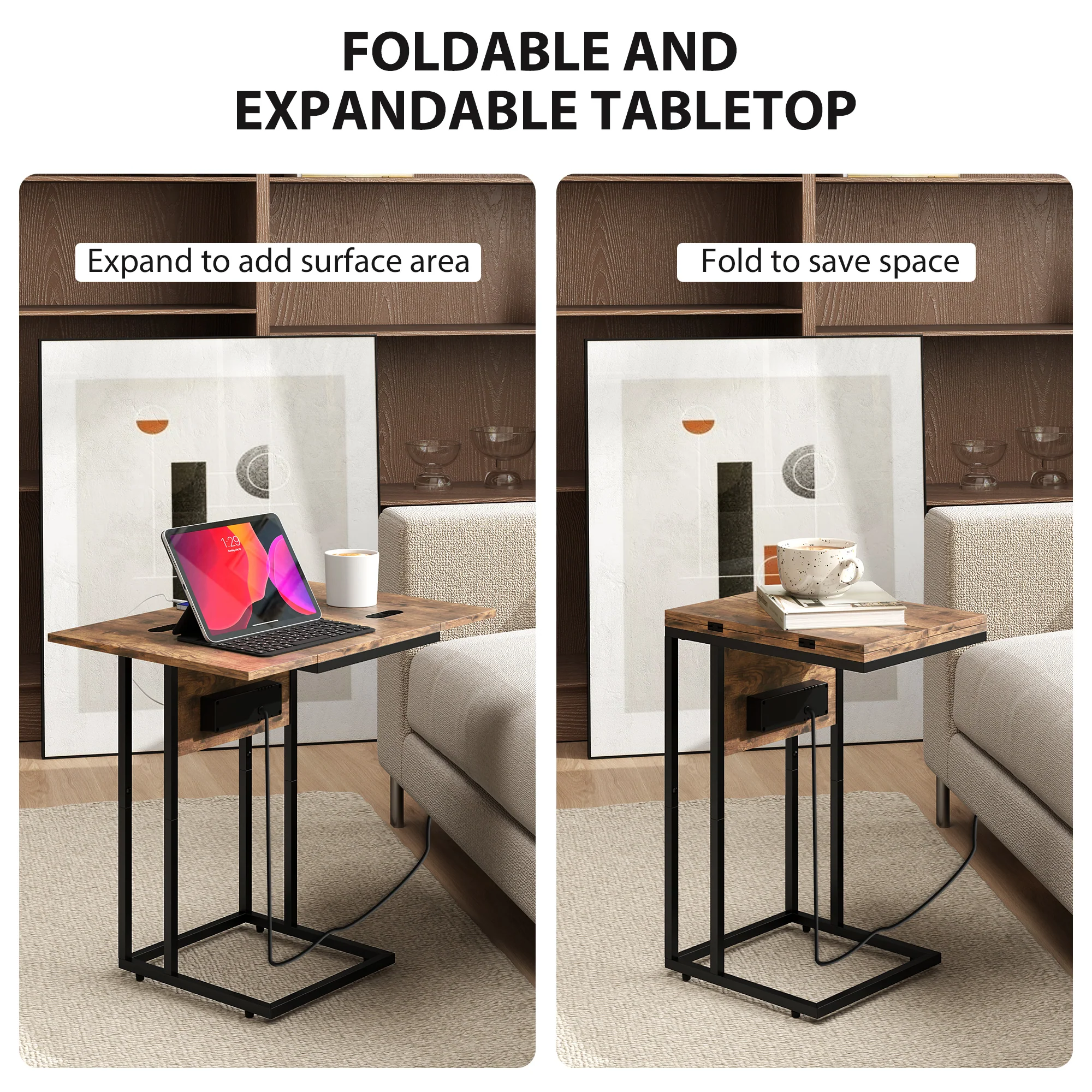 HOMCOM C Shaped Side Table With Charging Station And Foldable Top - Image 5