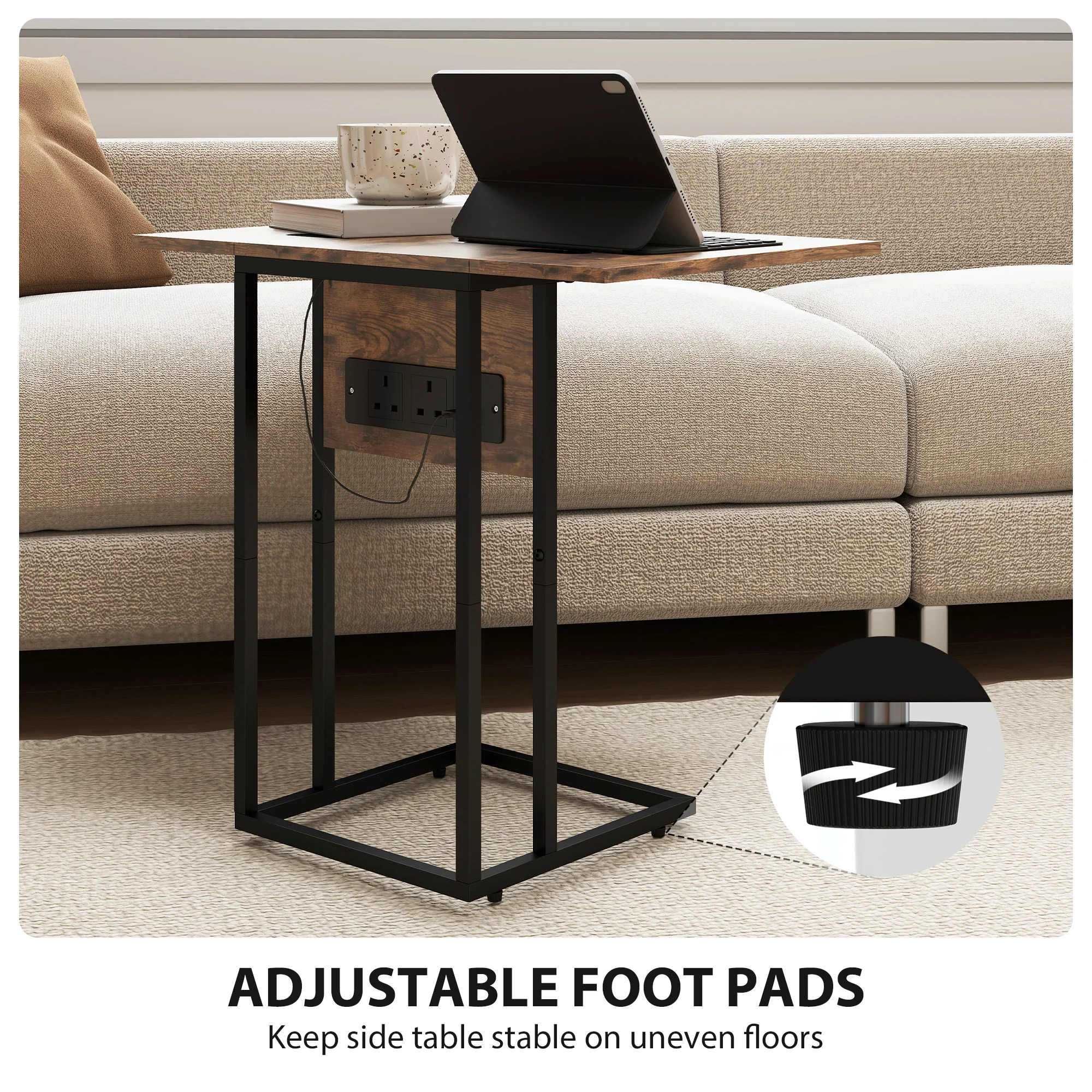 HOMCOM C Shaped Side Table With Charging Station And Foldable Top - Image 7