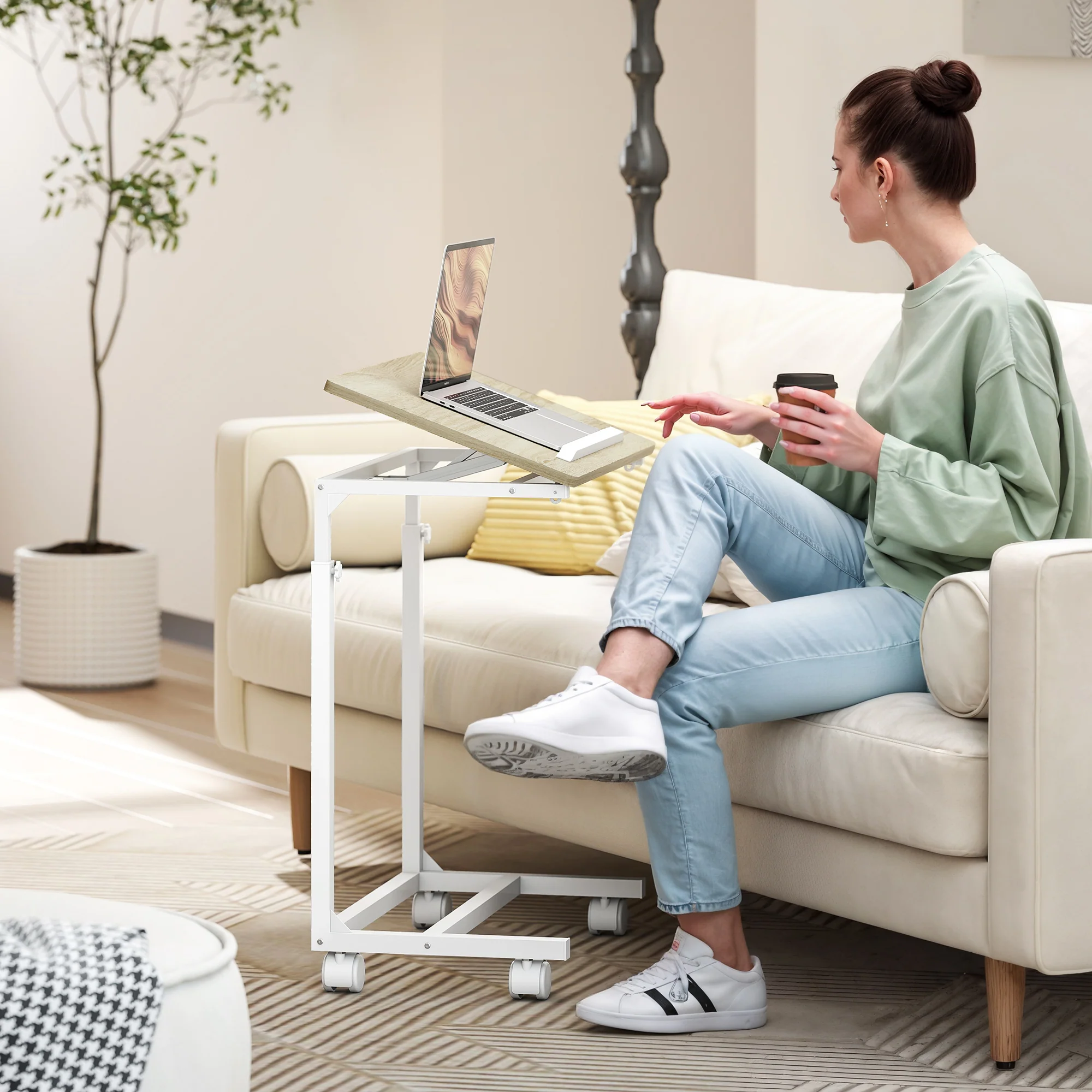 HOMCOM C-Shaped Sofa Side Table, Height Adjustable Overbed Table, Oak - Image 2