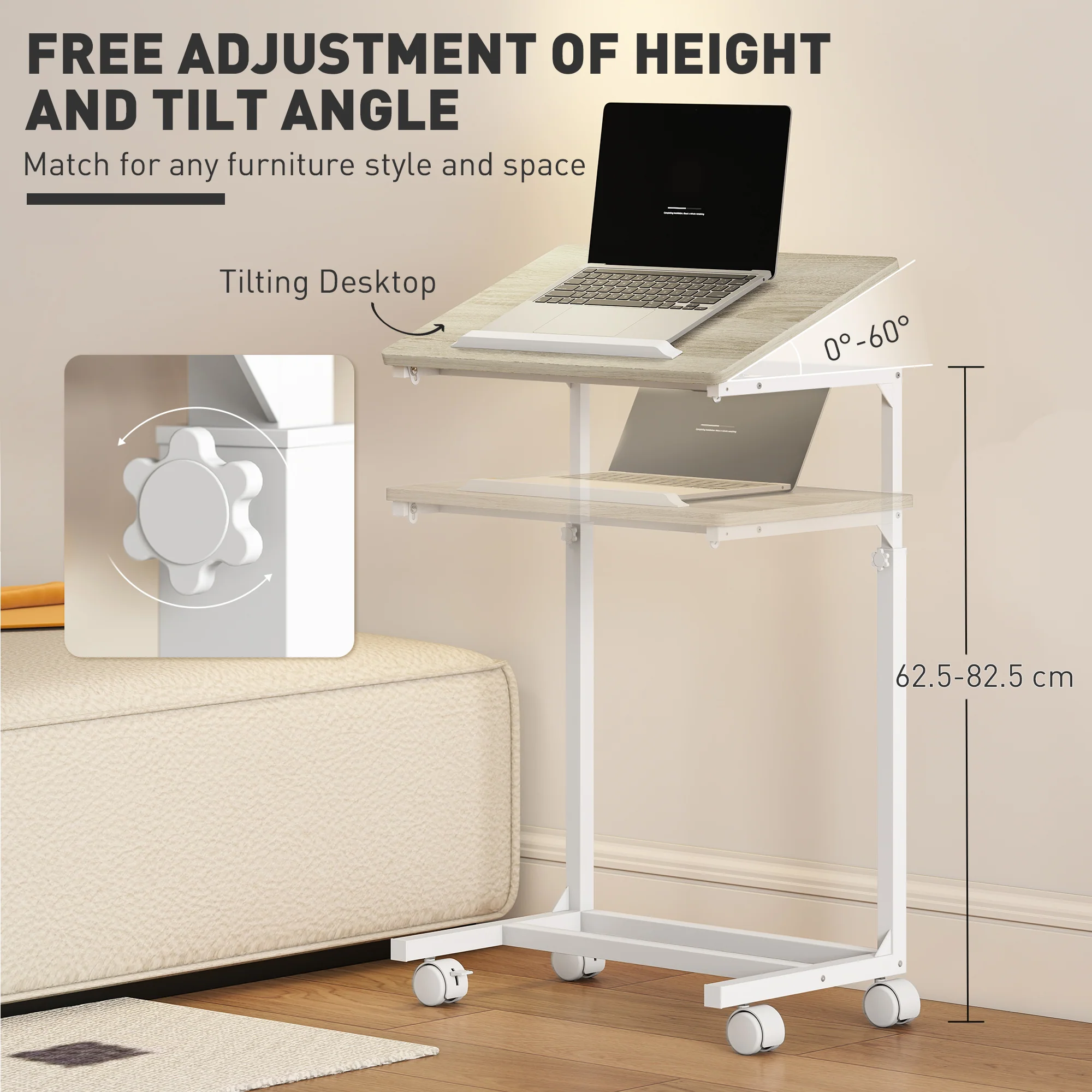 HOMCOM C-Shaped Sofa Side Table, Height Adjustable Overbed Table, Oak - Image 3