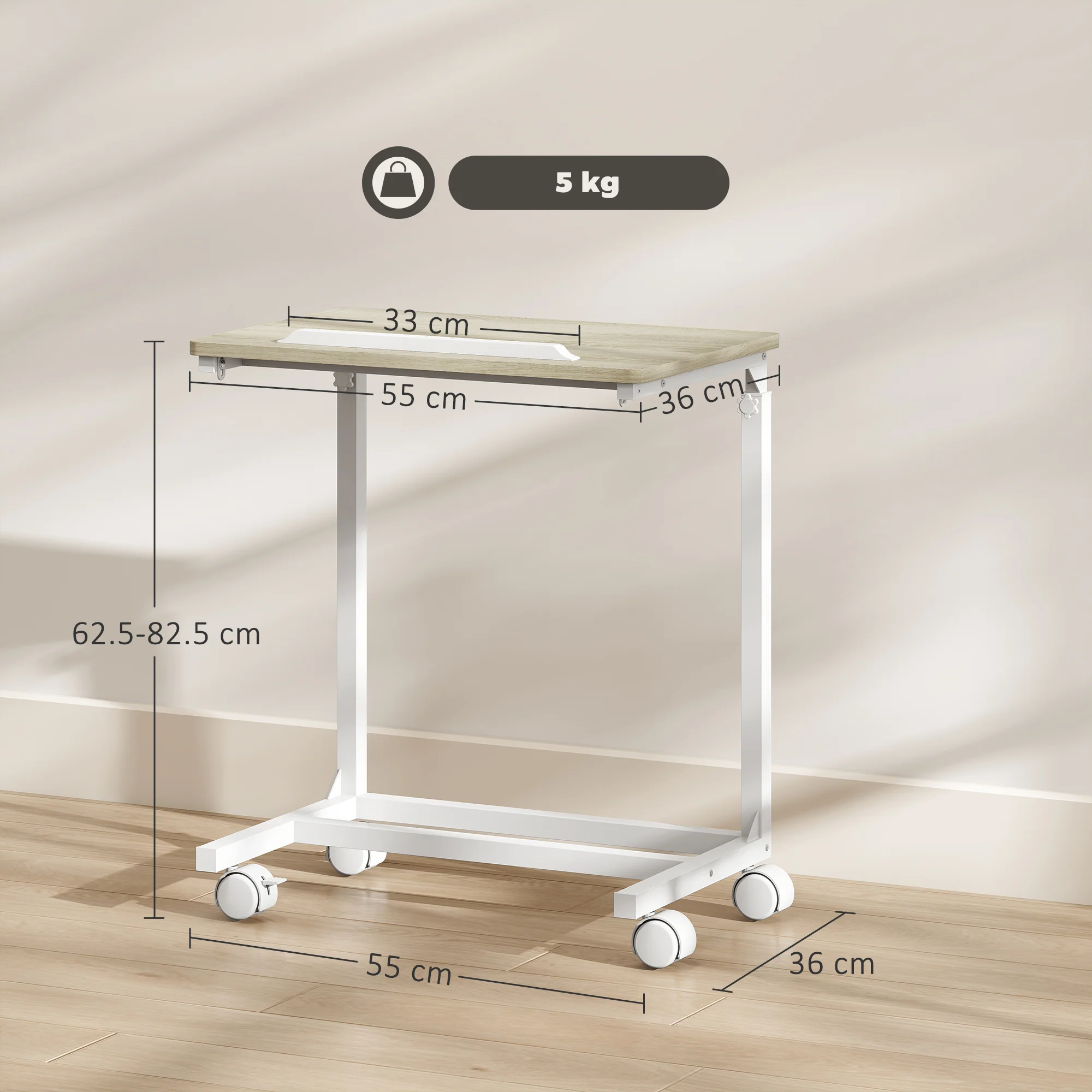 HOMCOM C-Shaped Sofa Side Table, Height Adjustable Overbed Table, Oak - Image 5