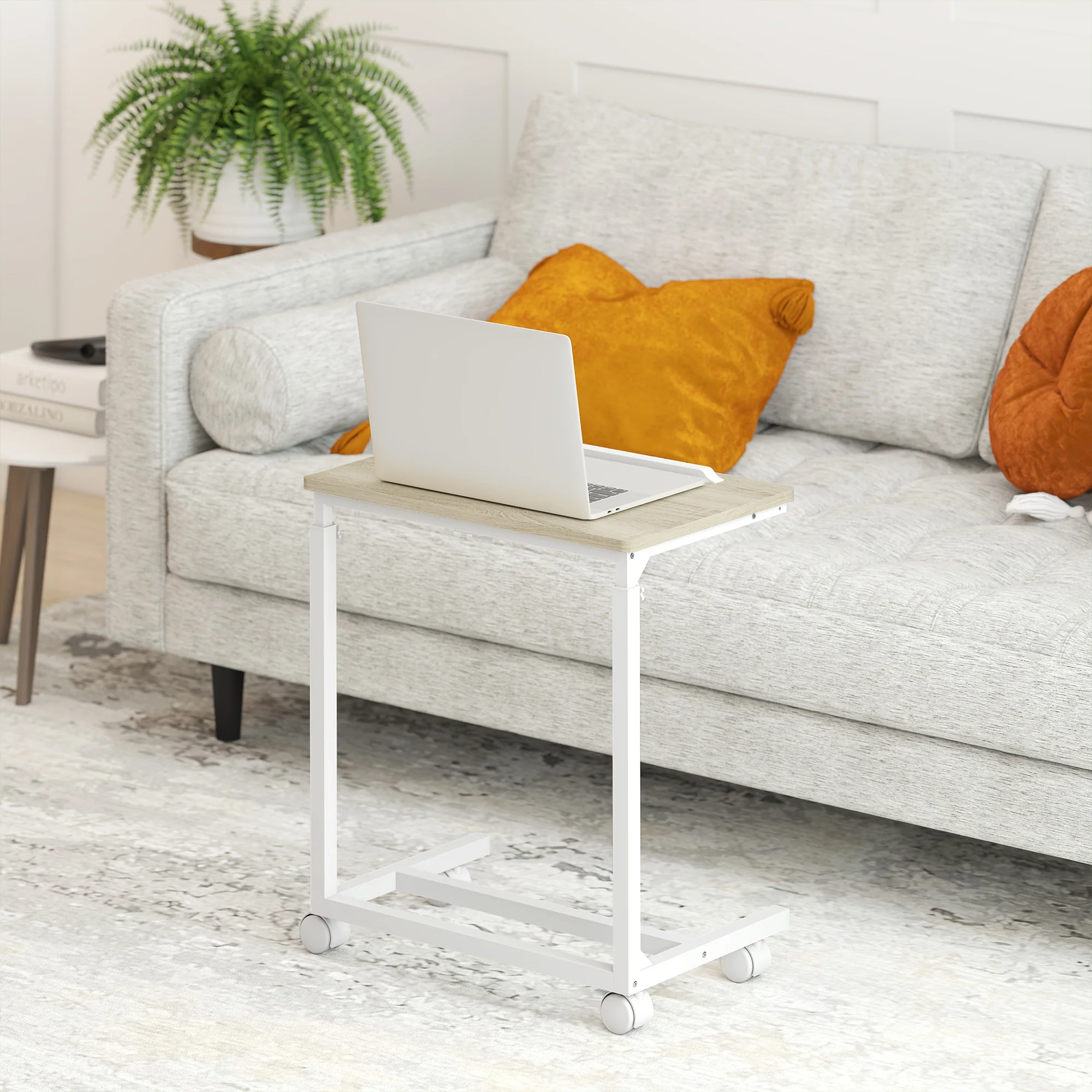 HOMCOM C-Shaped Sofa Side Table, Height Adjustable Overbed Table, Oak - Image 7
