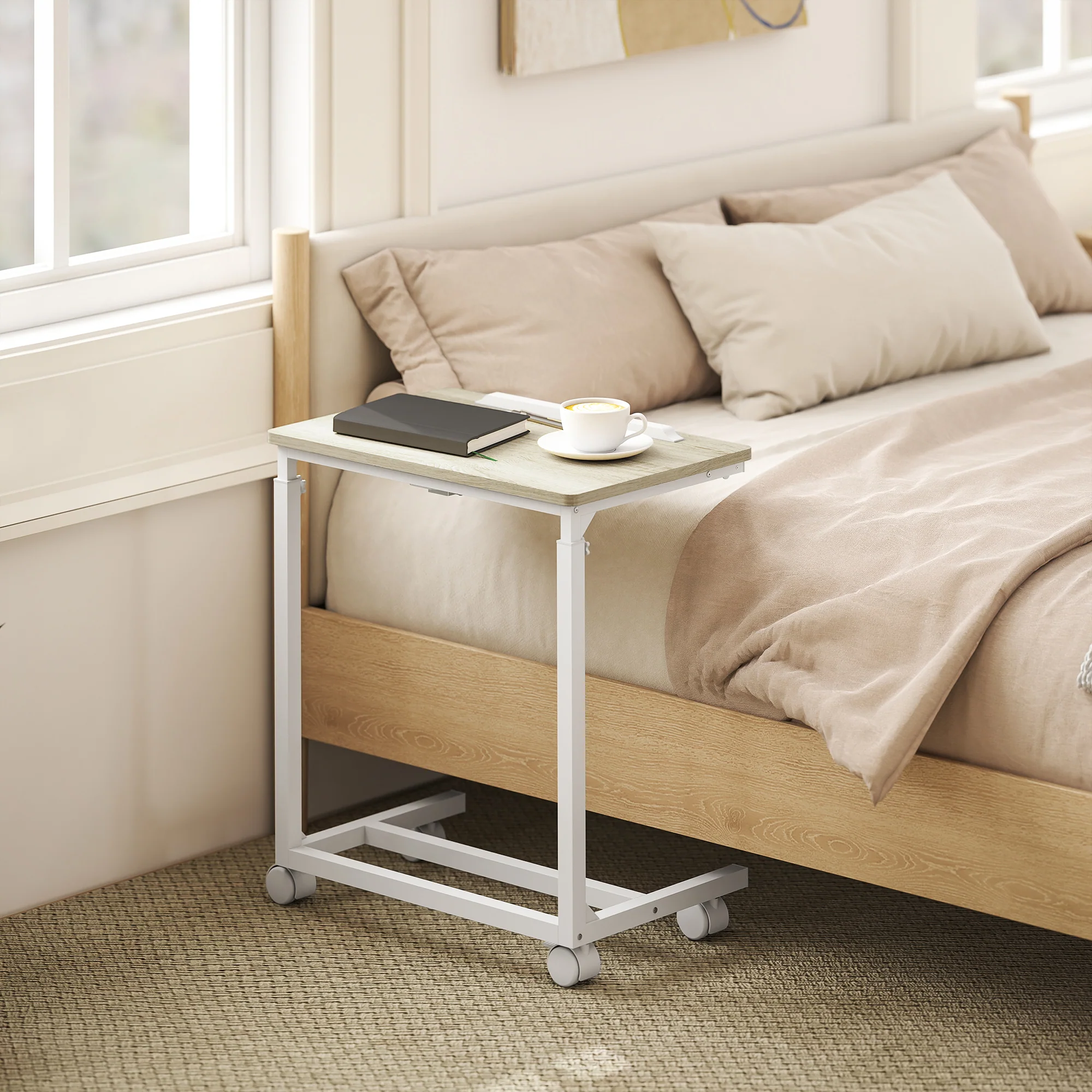 HOMCOM C-Shaped Sofa Side Table, Height Adjustable Overbed Table, Oak - Image 8