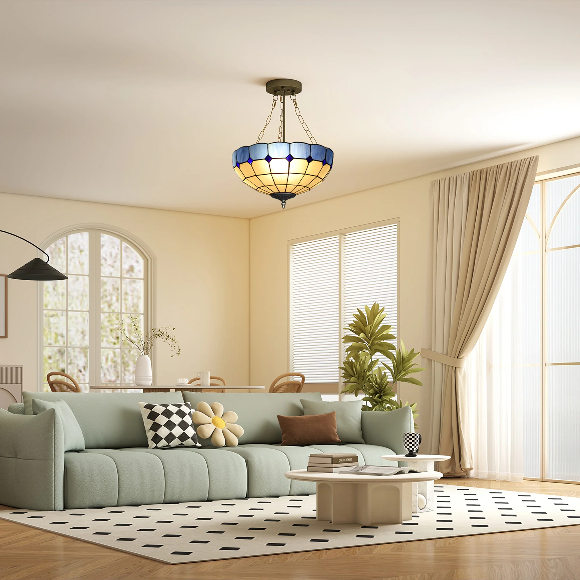 HOMCOM Ceiling Light, Vintage Tiffany Style Chandelier With 3 E27 Sockets - Image 2