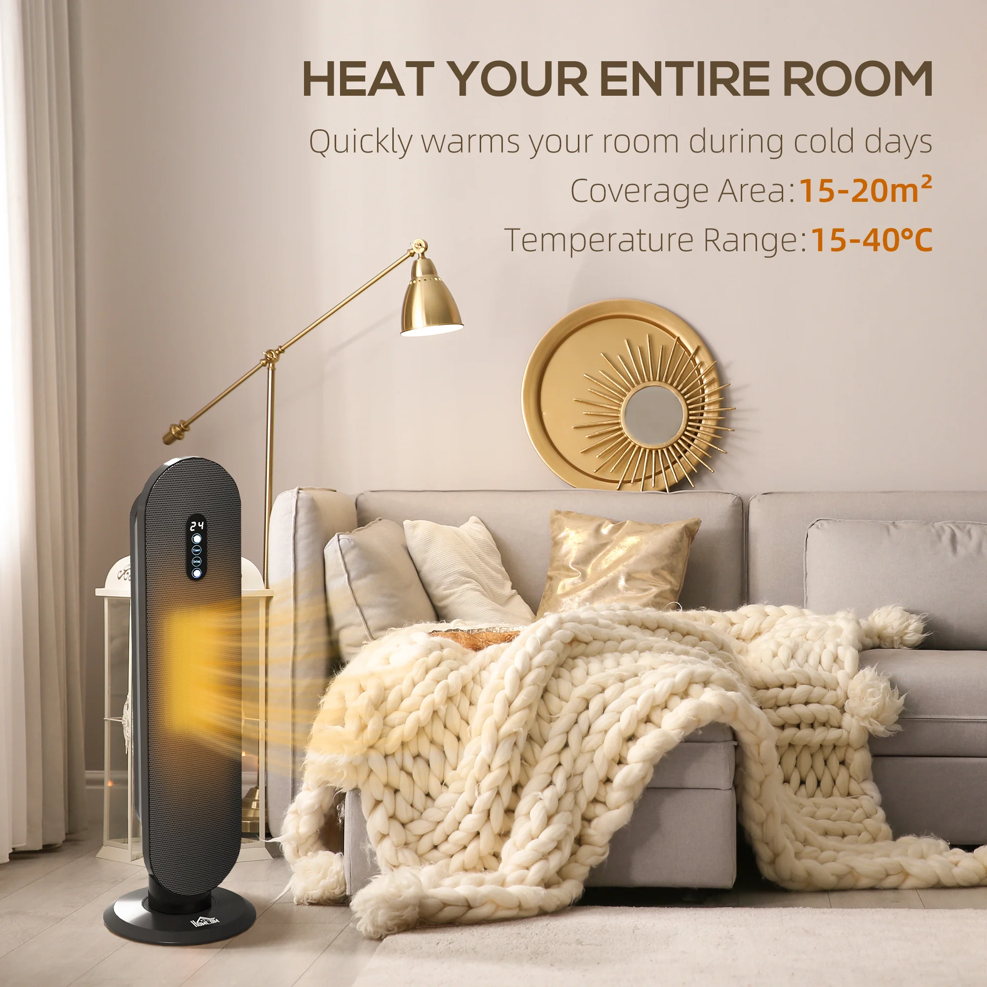 HOMCOM Ceramic Space Heater Tower Heater W/ 45° Oscillation, Black - Image 3
