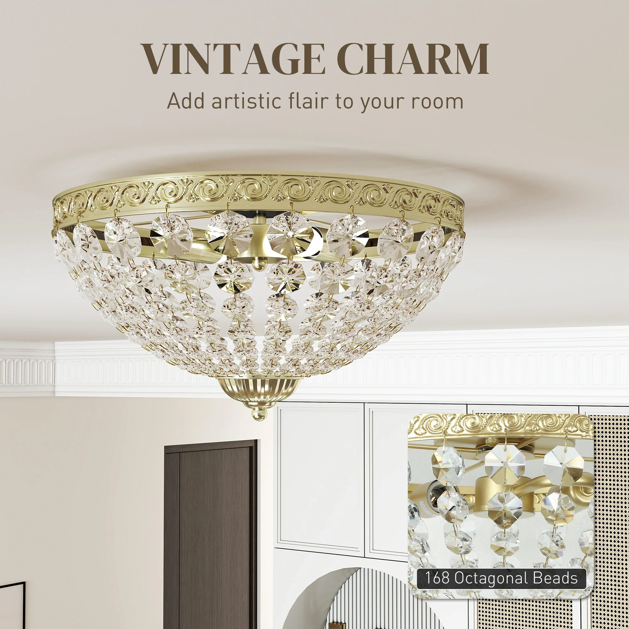 HOMCOM Chandelier Crystal Ceiling Light With E14 Base 2-Lights, Gold - Image 3