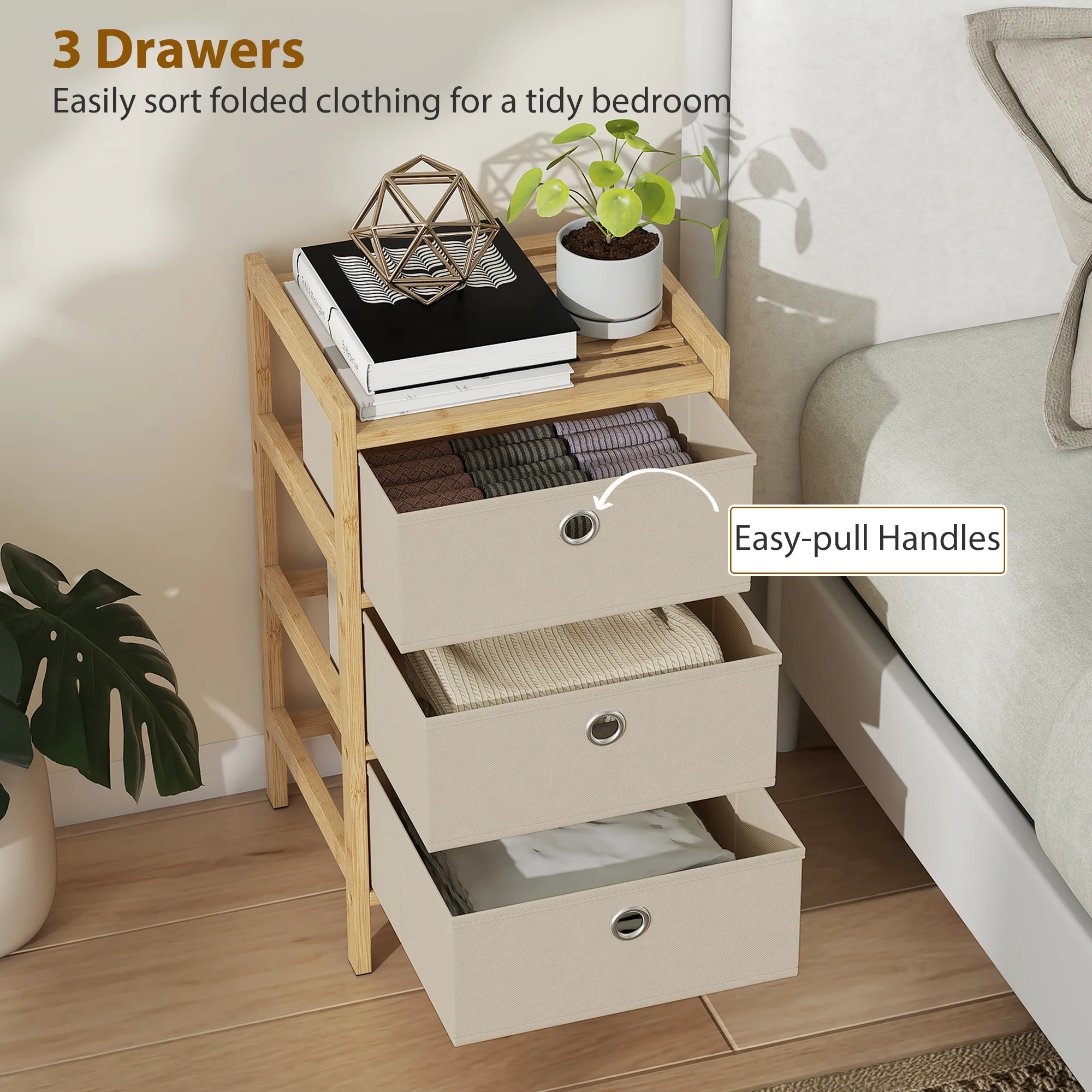 HOMCOM Chest of Drawers, 3 Drawers Dresser with Bamboo Frame, Cream White - Image 4