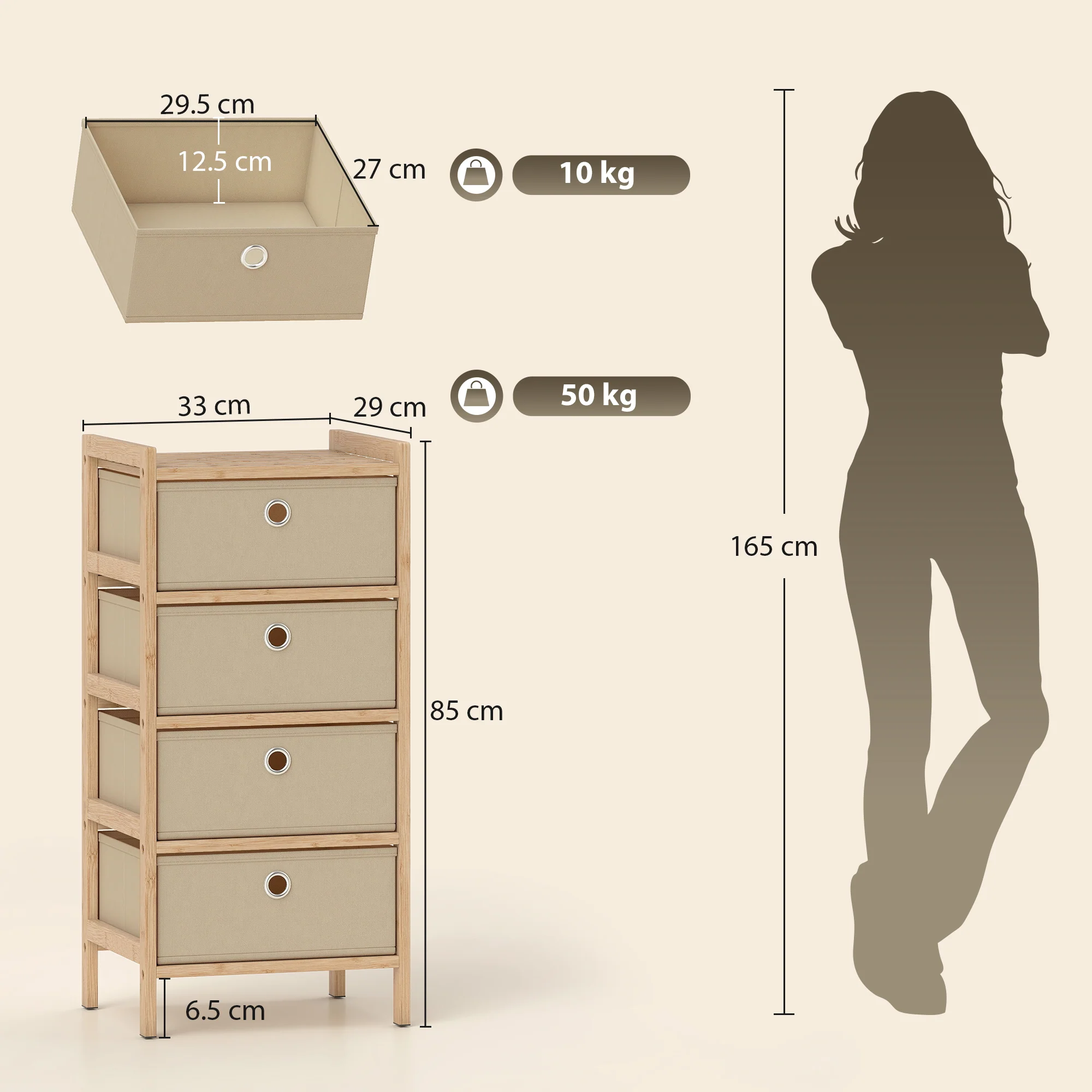 HOMCOM Chest of Drawers, 4 Drawers Dresser with Bamboo Frame, Cream White - Image 3