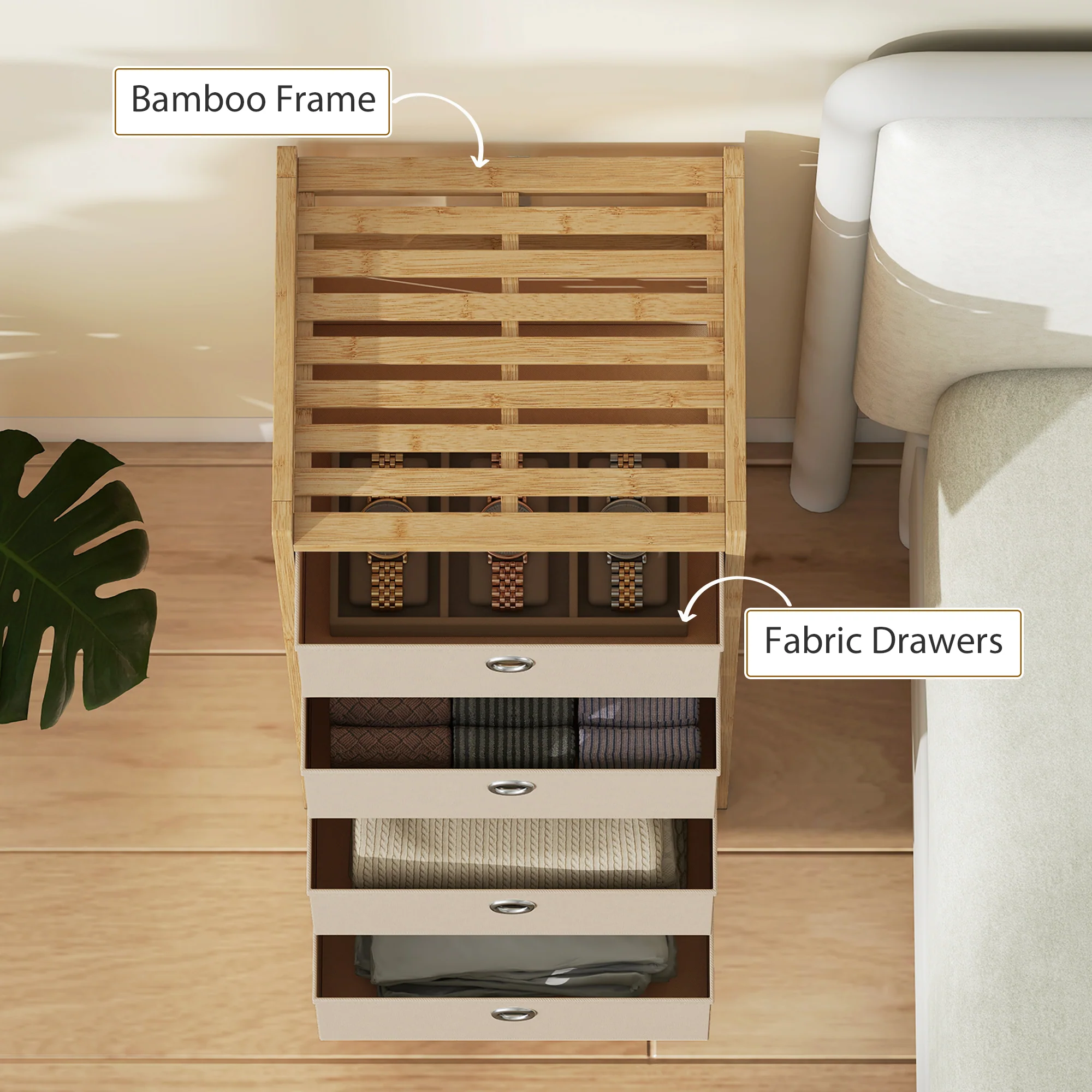 HOMCOM Chest of Drawers, 4 Drawers Dresser with Bamboo Frame, Cream White - Image 7