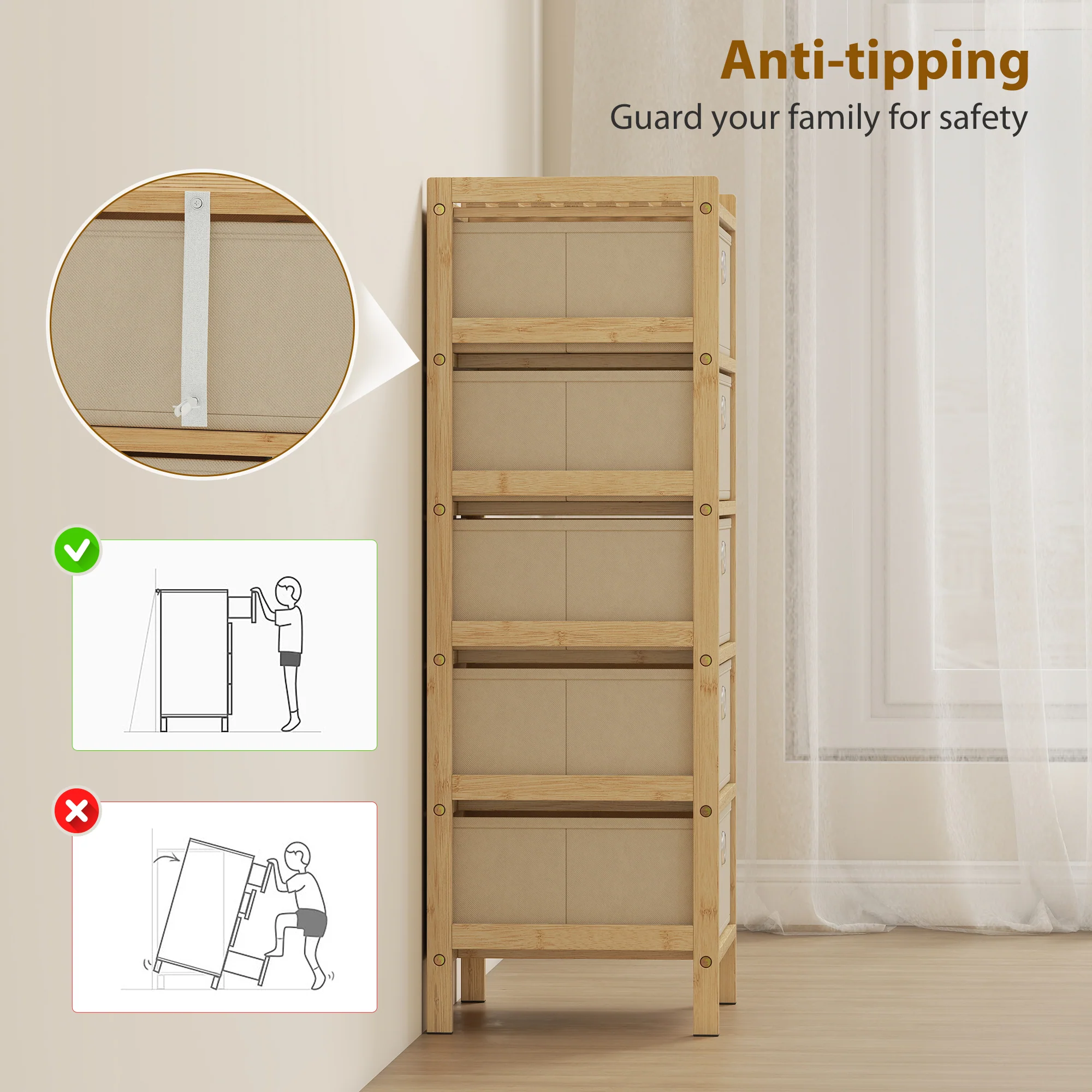 HOMCOM Chest of Drawers, 5 Drawers Dresser with Bamboo Frame, Cream White - Image 8