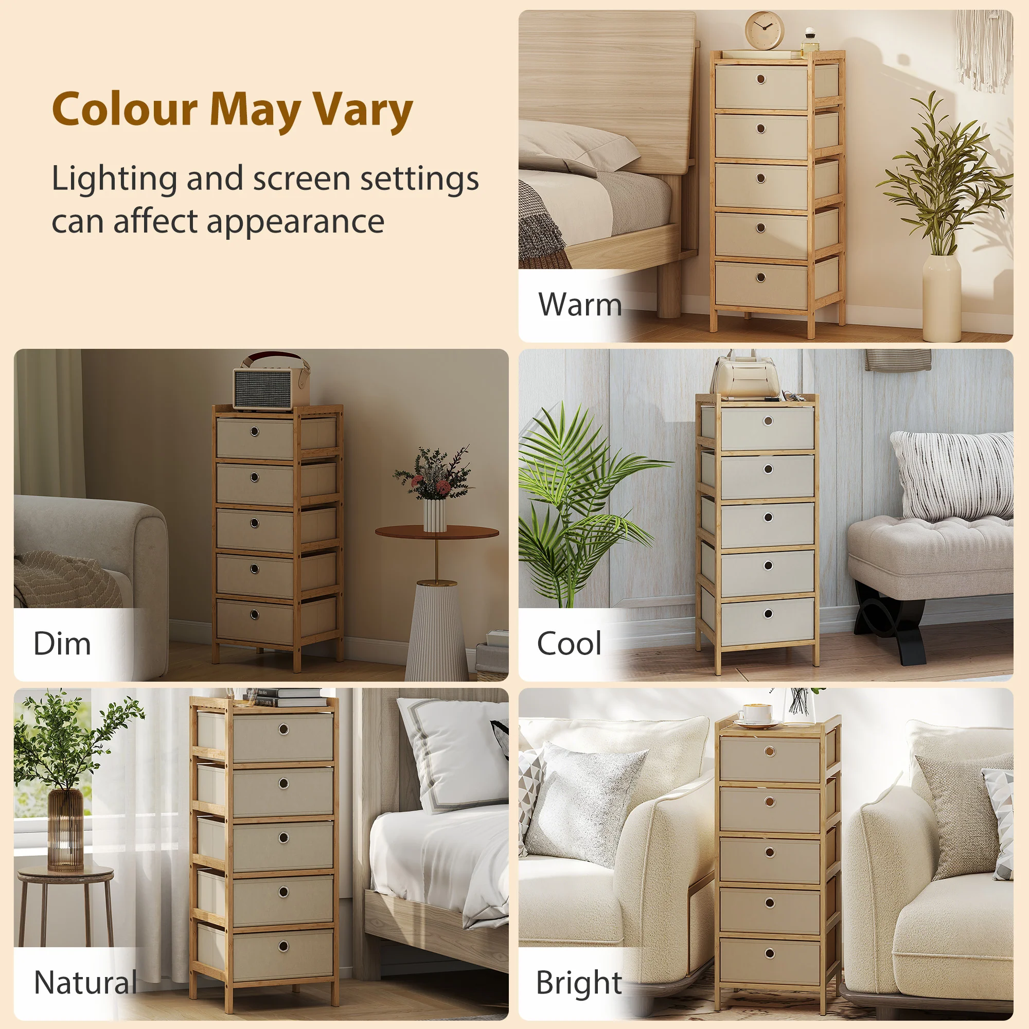 HOMCOM Chest of Drawers, 5 Drawers Dresser with Bamboo Frame, Cream White - Image 9