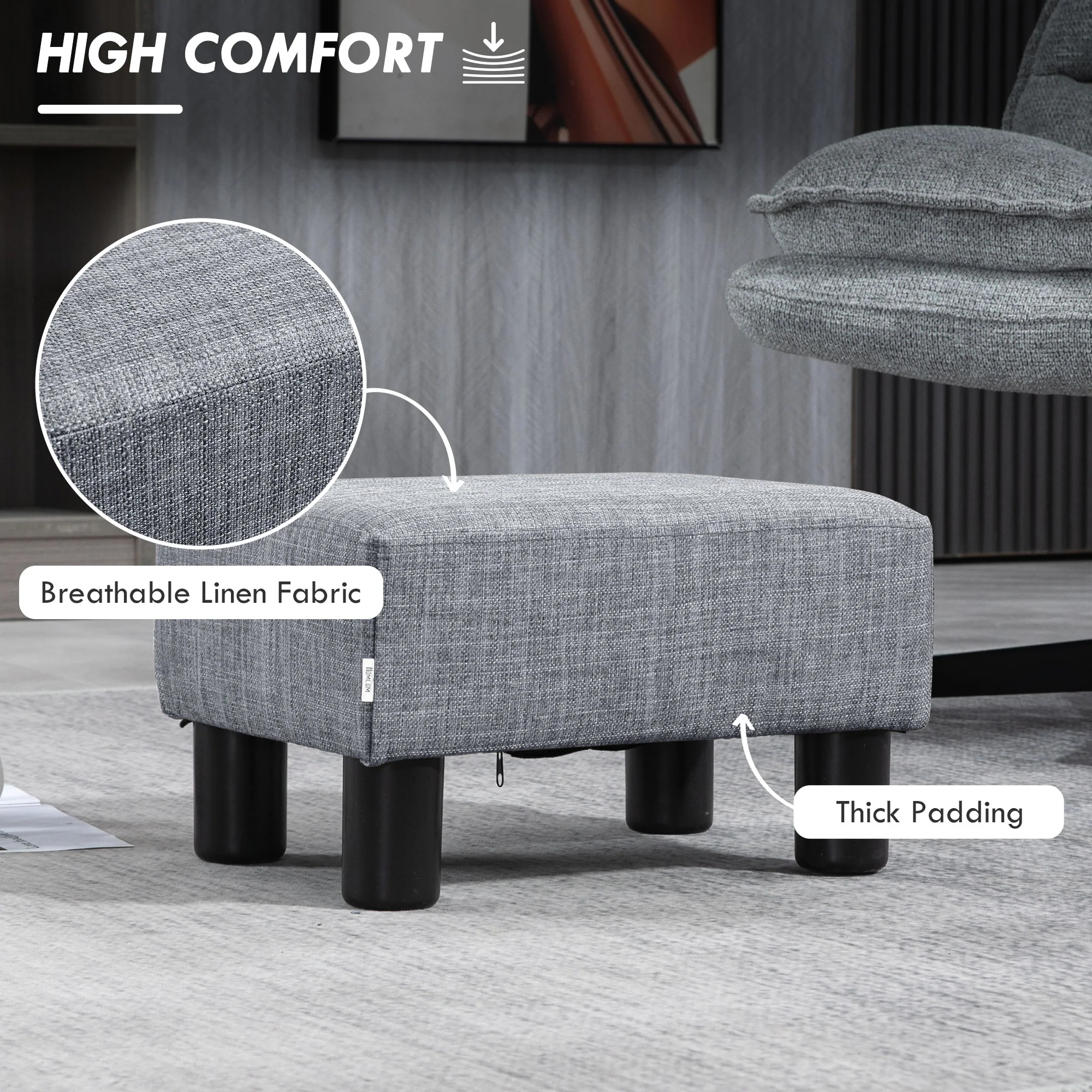 HOMCOM Chic Linen Fabric Grey Footstool Ottoman Cube With 4 Plastic Legs - Image 3