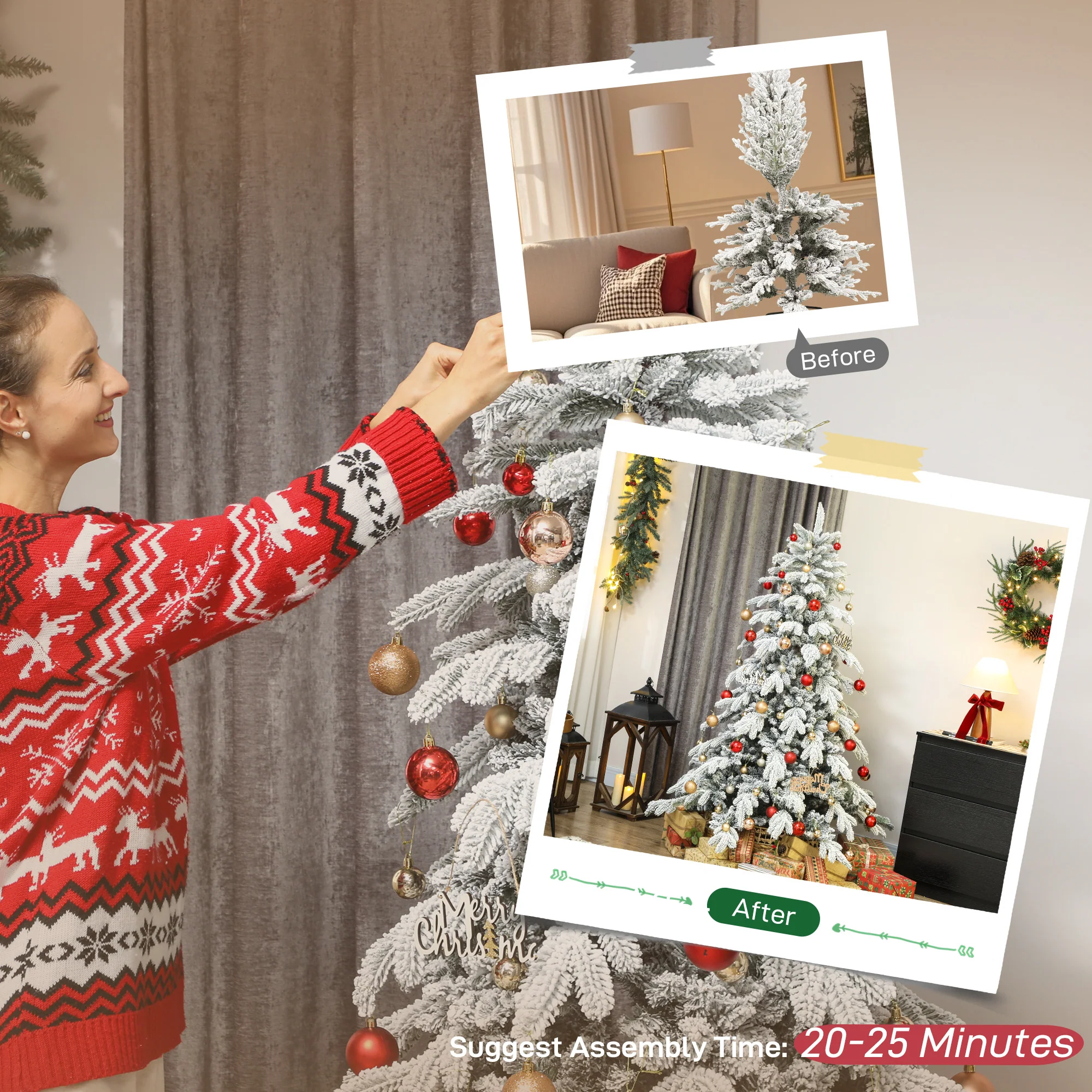HOMCOM Christmas Tree With Flocked Realistic Tips, Hinged Xmas Tree - Image 16