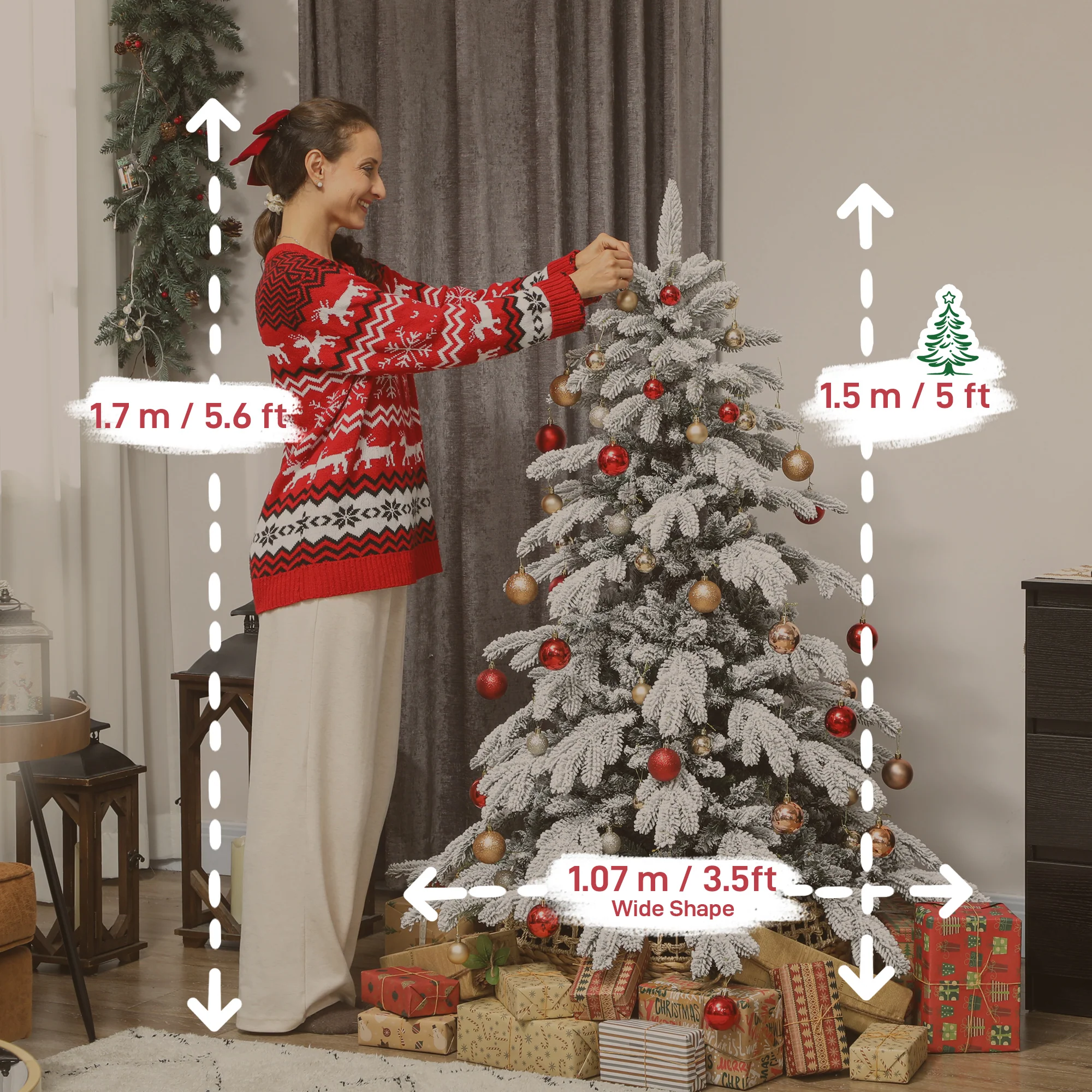 HOMCOM Christmas Tree With Flocked Realistic Tips, Hinged Xmas Tree - Image 3