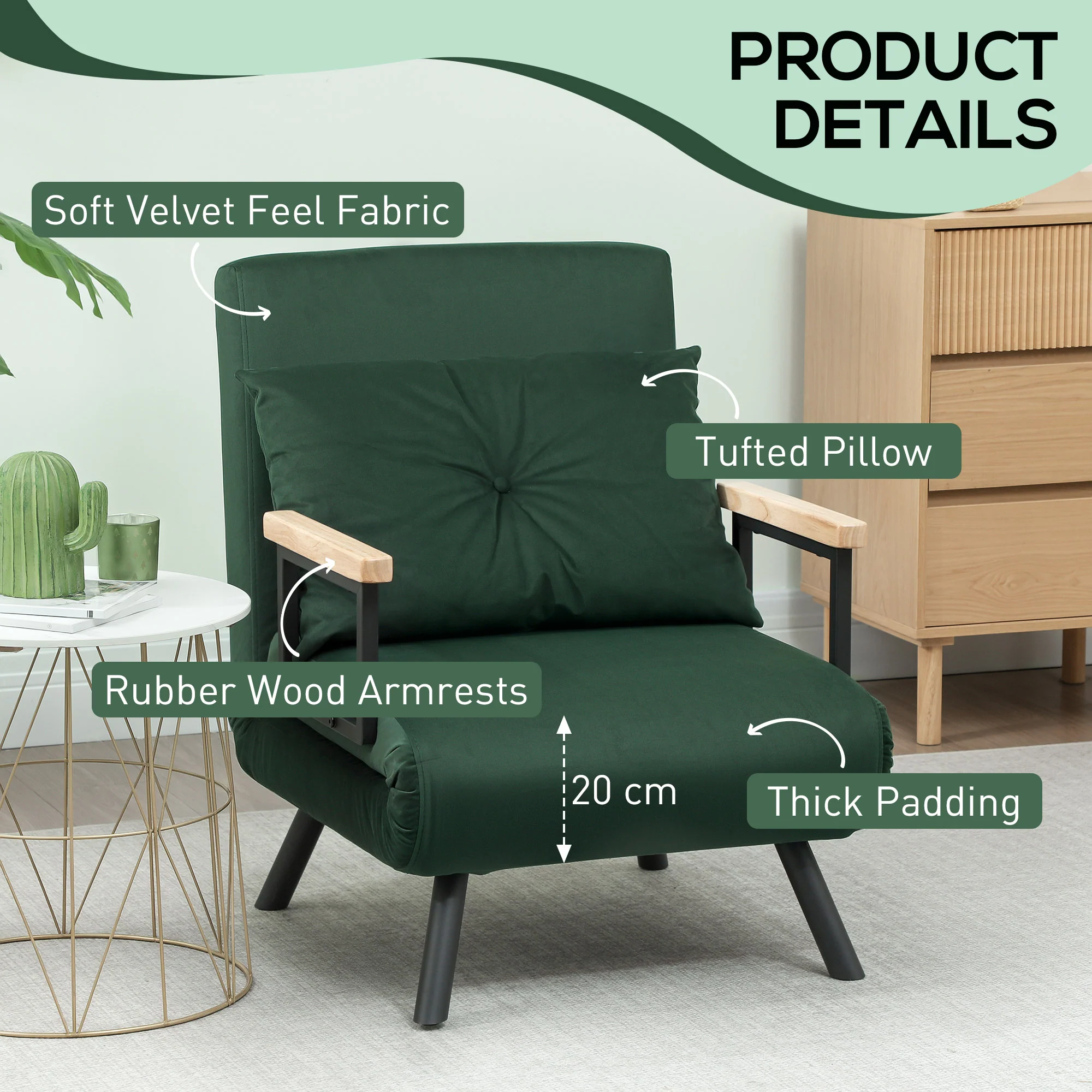 HOMCOM Click Clack Single Chair Bed Settee For Living Room - Image 6