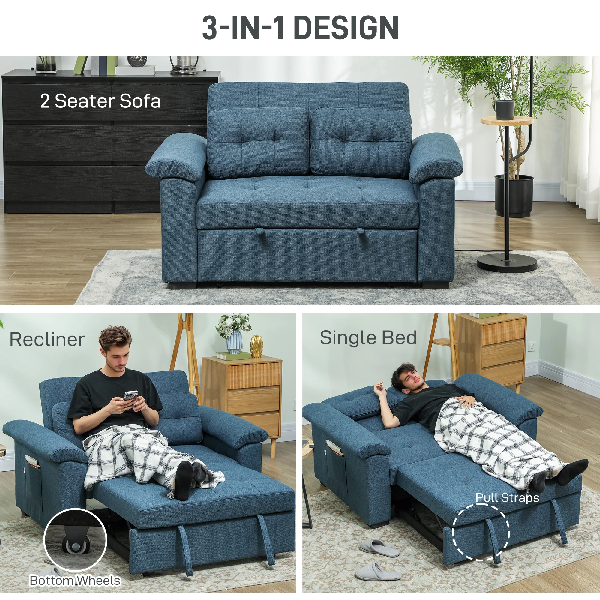 HOMCOM Click Clack Sofa Bed 2 Seater Sofa Bed for Living Room - Image 3