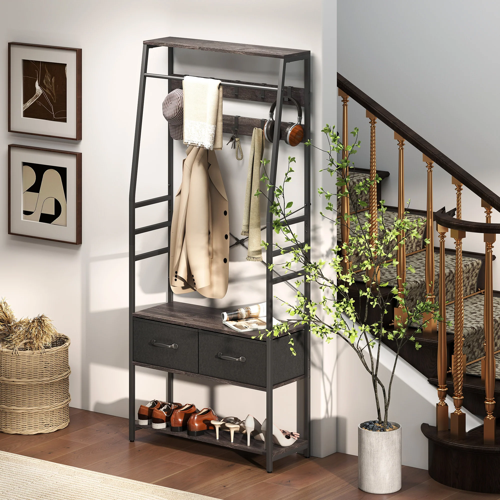 HOMCOM Coat Rack with Shoe Storage, Bench and 10 Hooks, Grey - Image 8