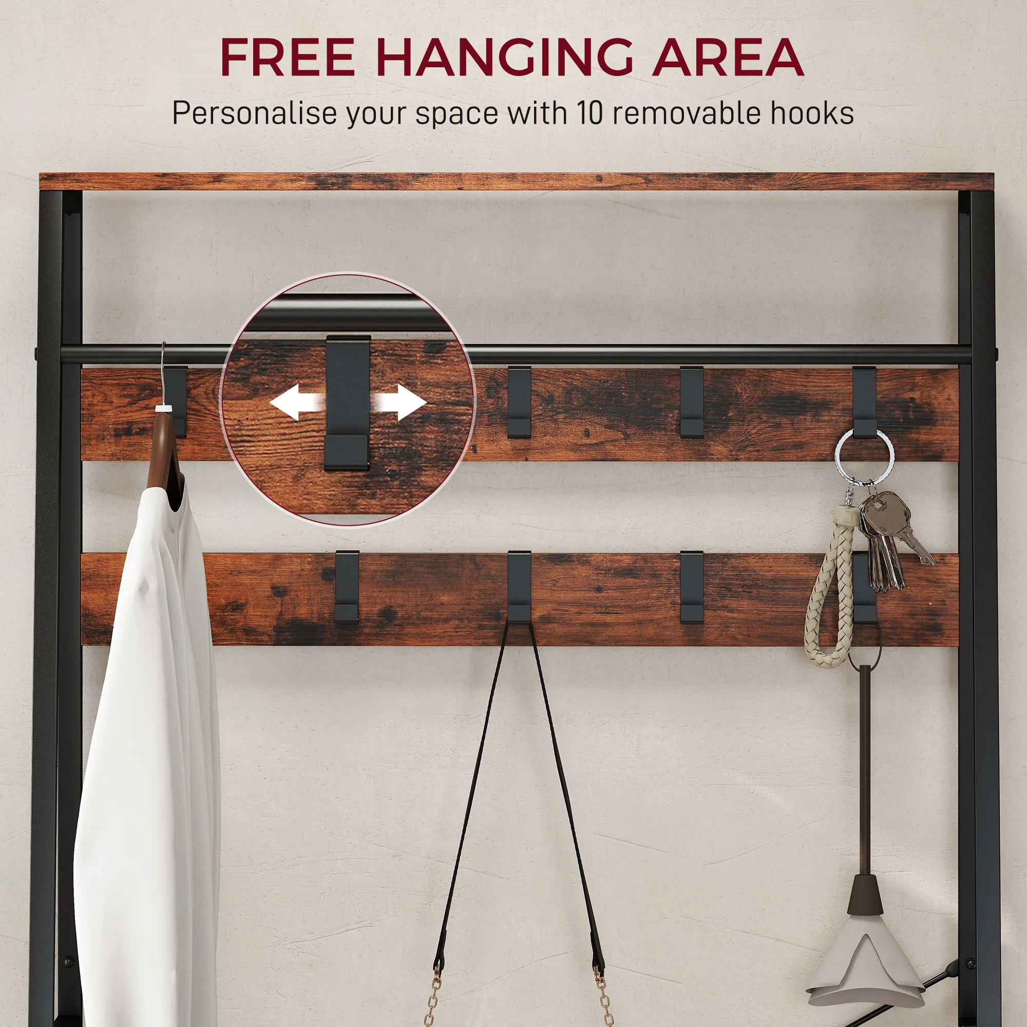 HOMCOM Coat Rack with Shoe Storage, Bench and 10 Hooks, Rustic Brown - Image 4