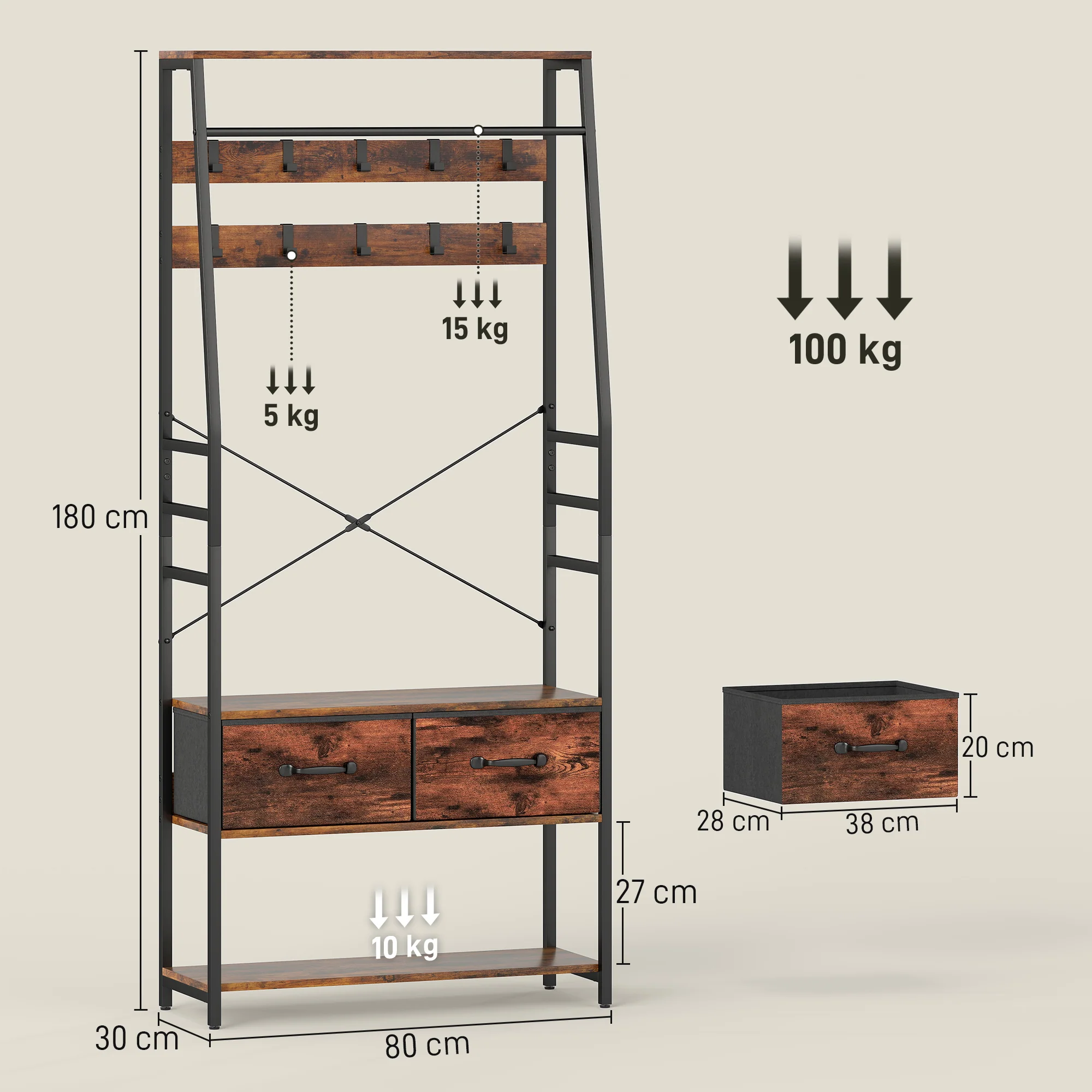 HOMCOM Coat Rack with Shoe Storage, Bench and 10 Hooks, Rustic Brown - Image 5
