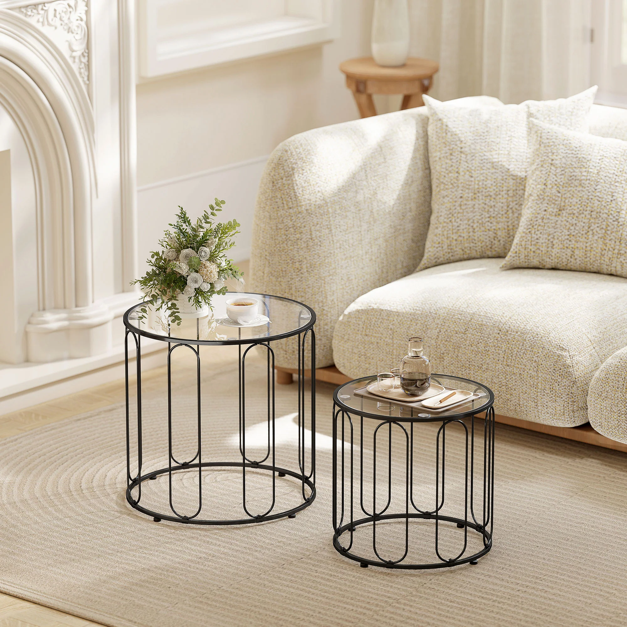 HOMCOM Coffee Table Set Of 2, Nest Of Tables With Metal Frame, Black - Image 2
