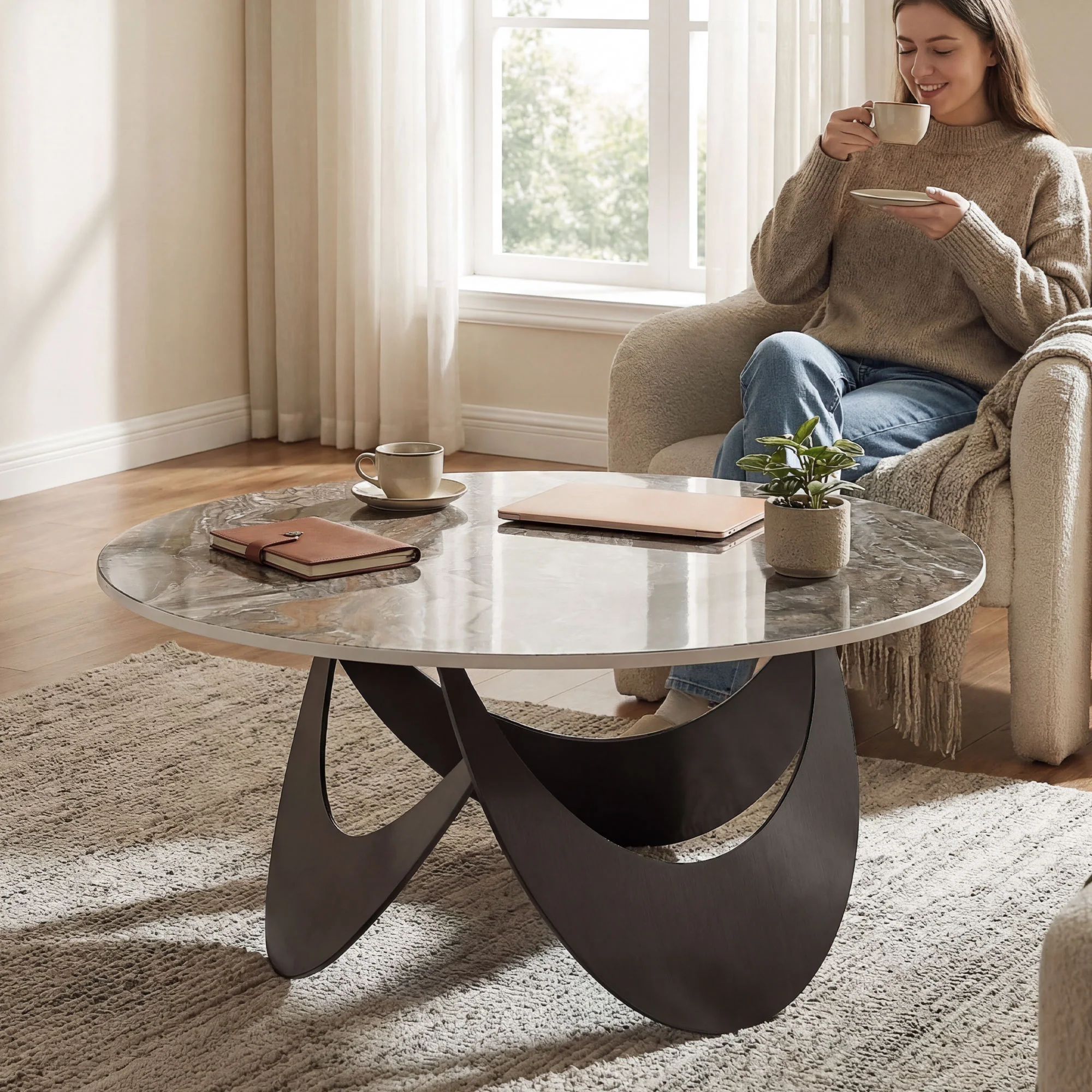 HOMCOM Coffee Table Sintered Stone Top Brown And Black - Image 2
