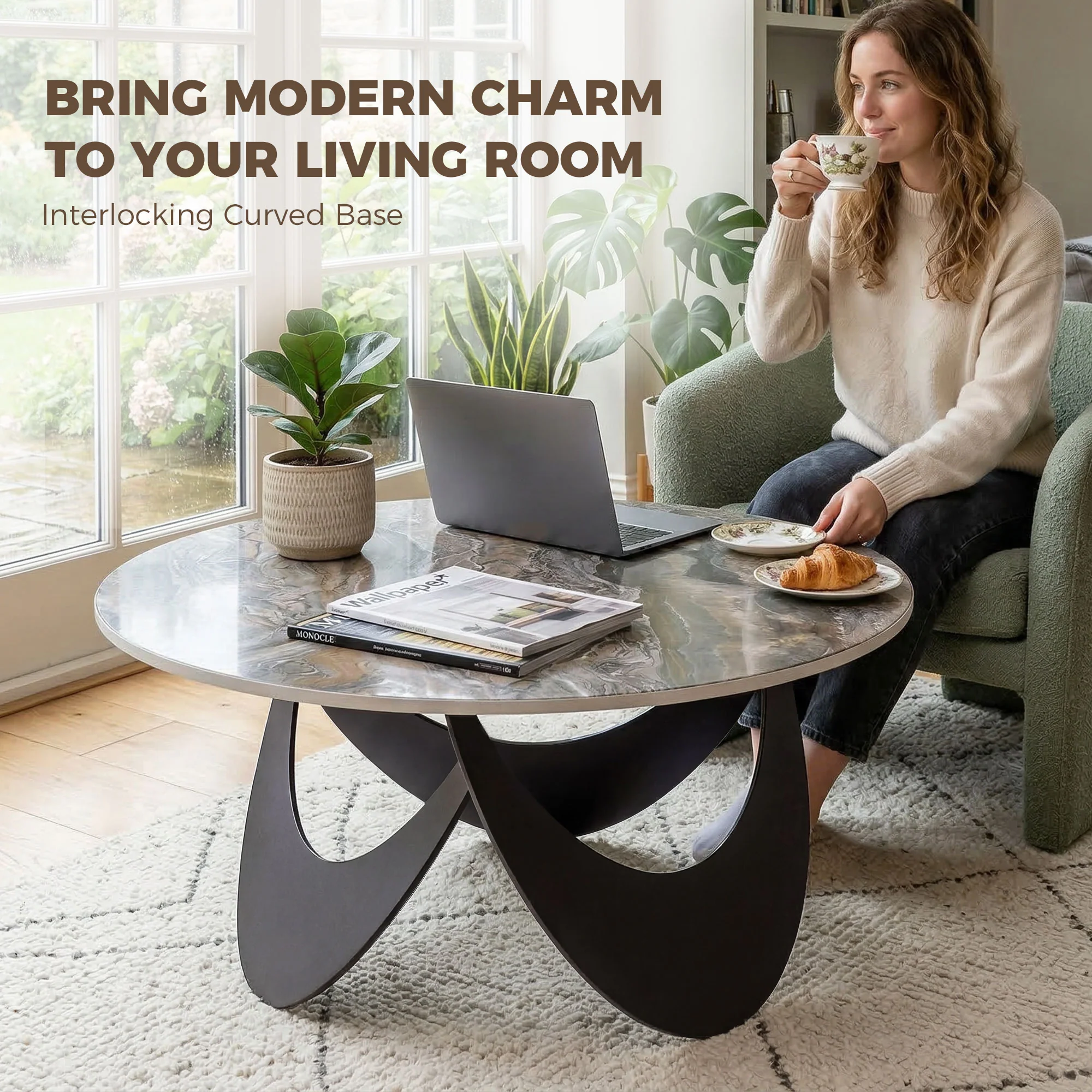 HOMCOM Coffee Table Sintered Stone Top Brown And Black - Image 3