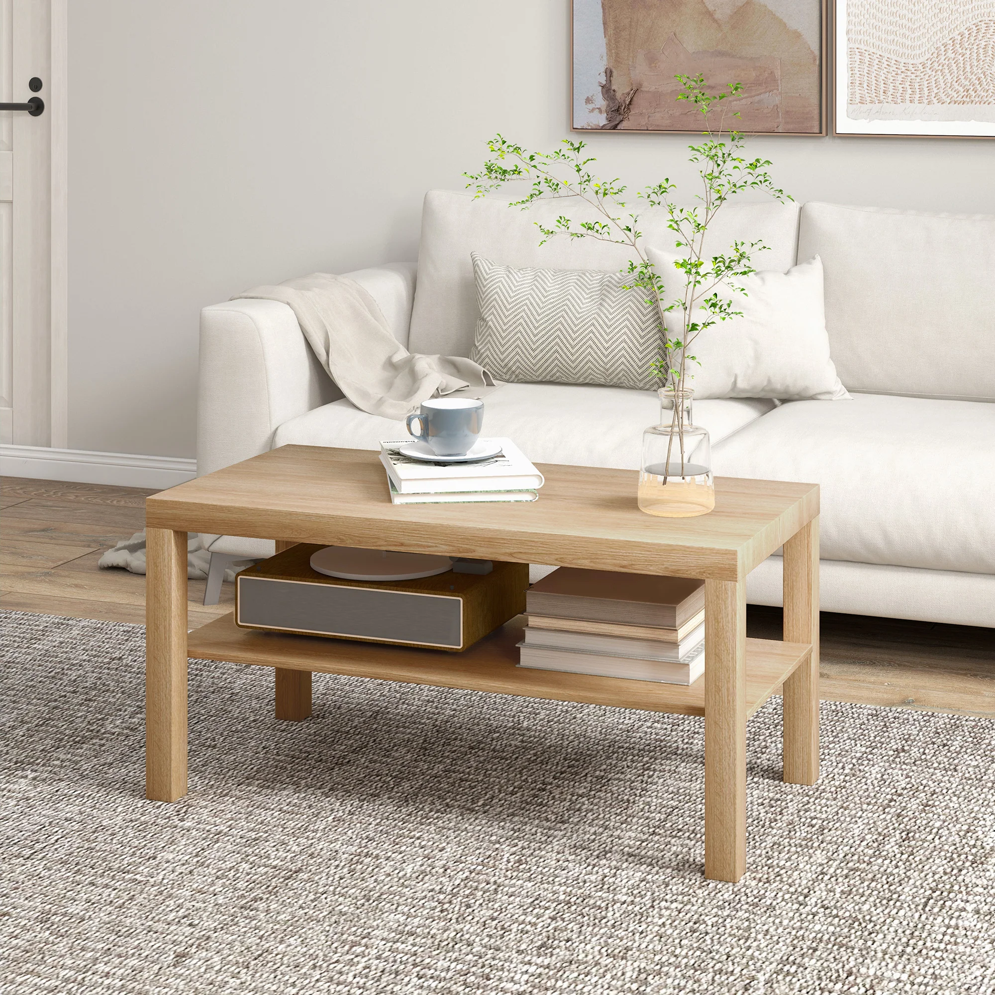 HOMCOM Coffee Table with Storage Shelf, Rectangular Centre Table, Natural - Image 2