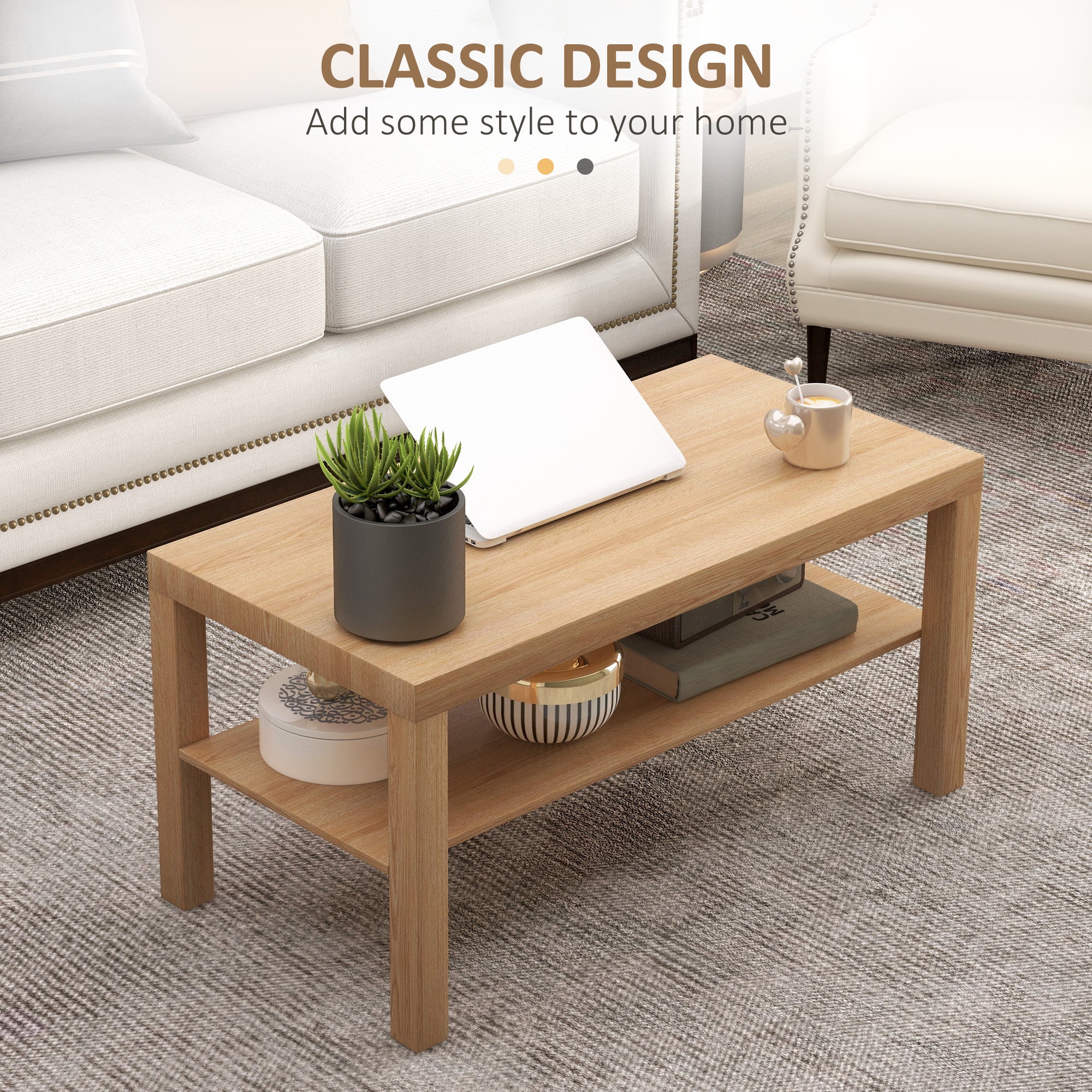 HOMCOM Coffee Table with Storage Shelf, Rectangular Centre Table, Natural - Image 3