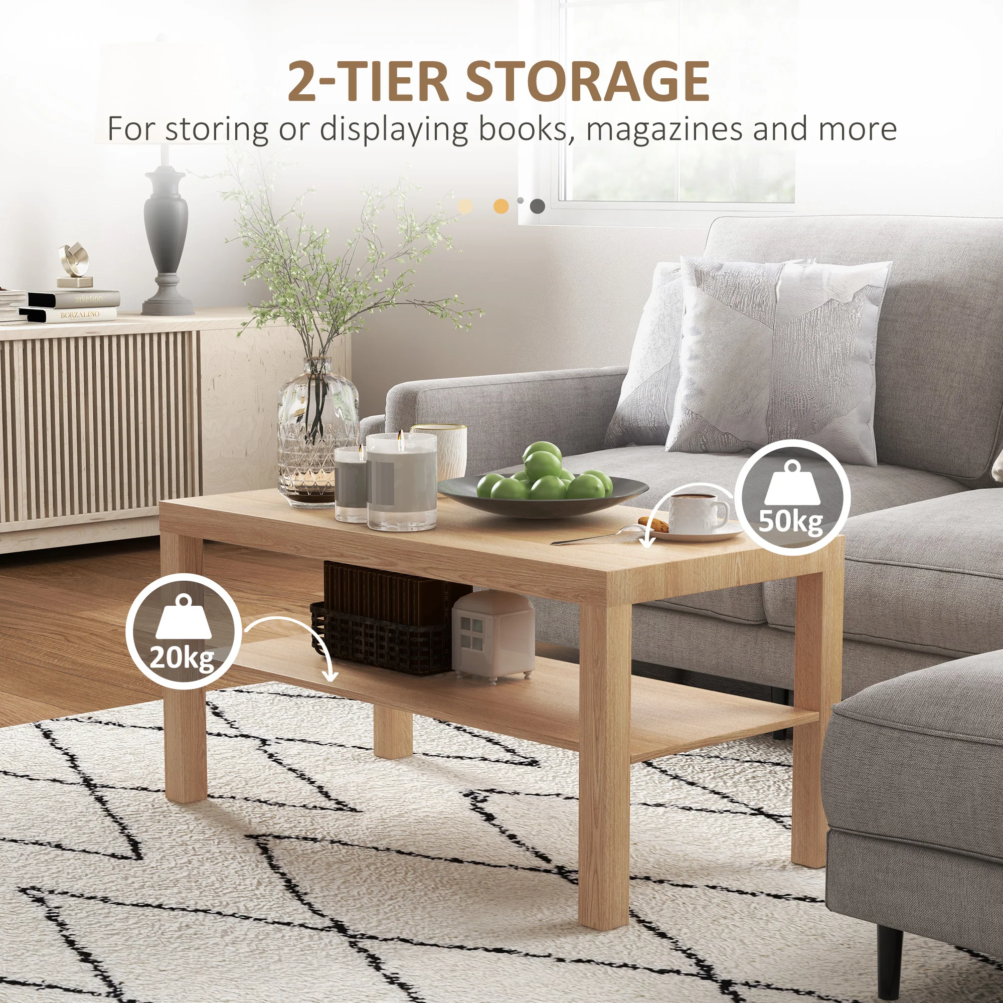 HOMCOM Coffee Table with Storage Shelf, Rectangular Centre Table, Natural - Image 4