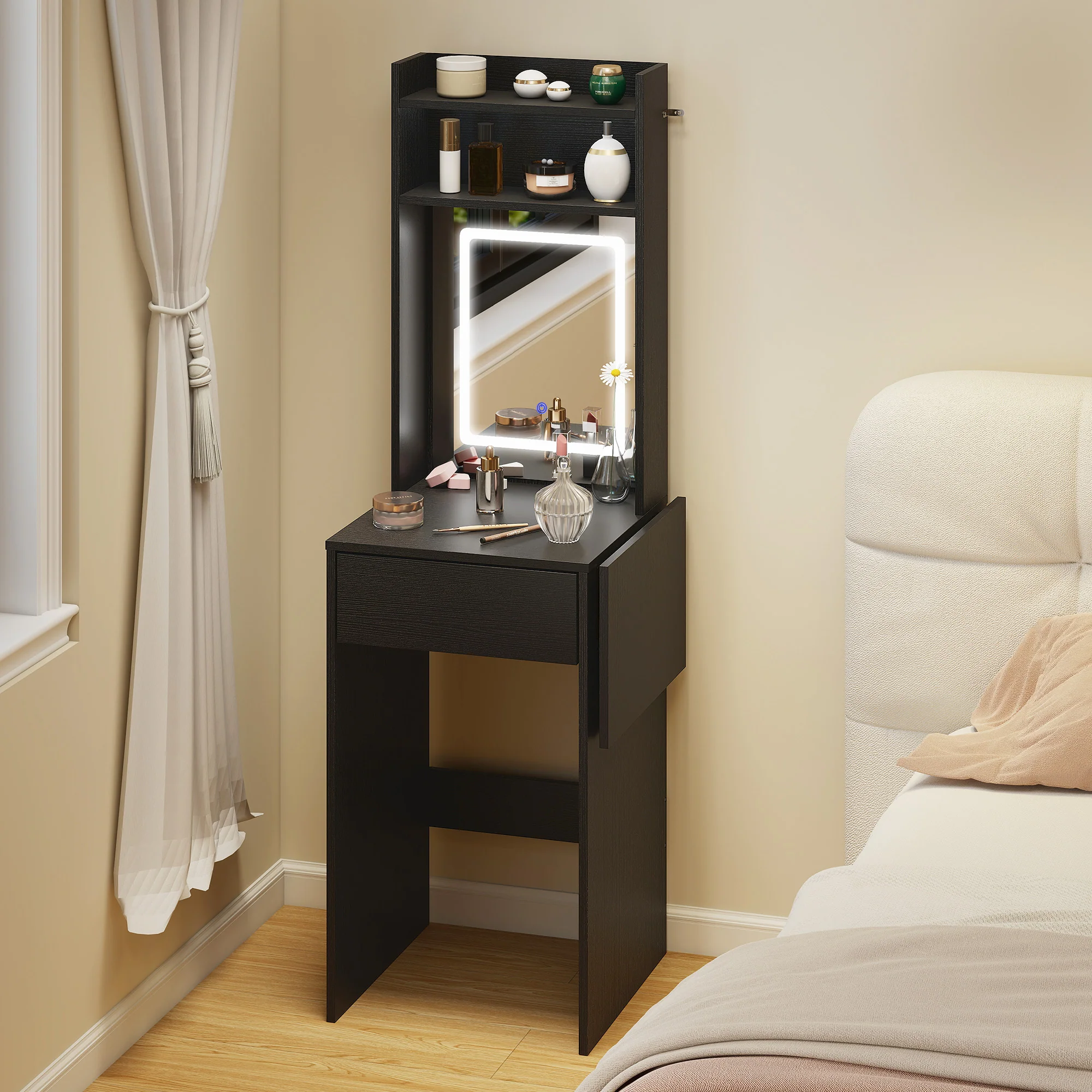 HOMCOM Compact Dressing Table with Lighted Mirror Open Shelves Drawer Black - Image 2