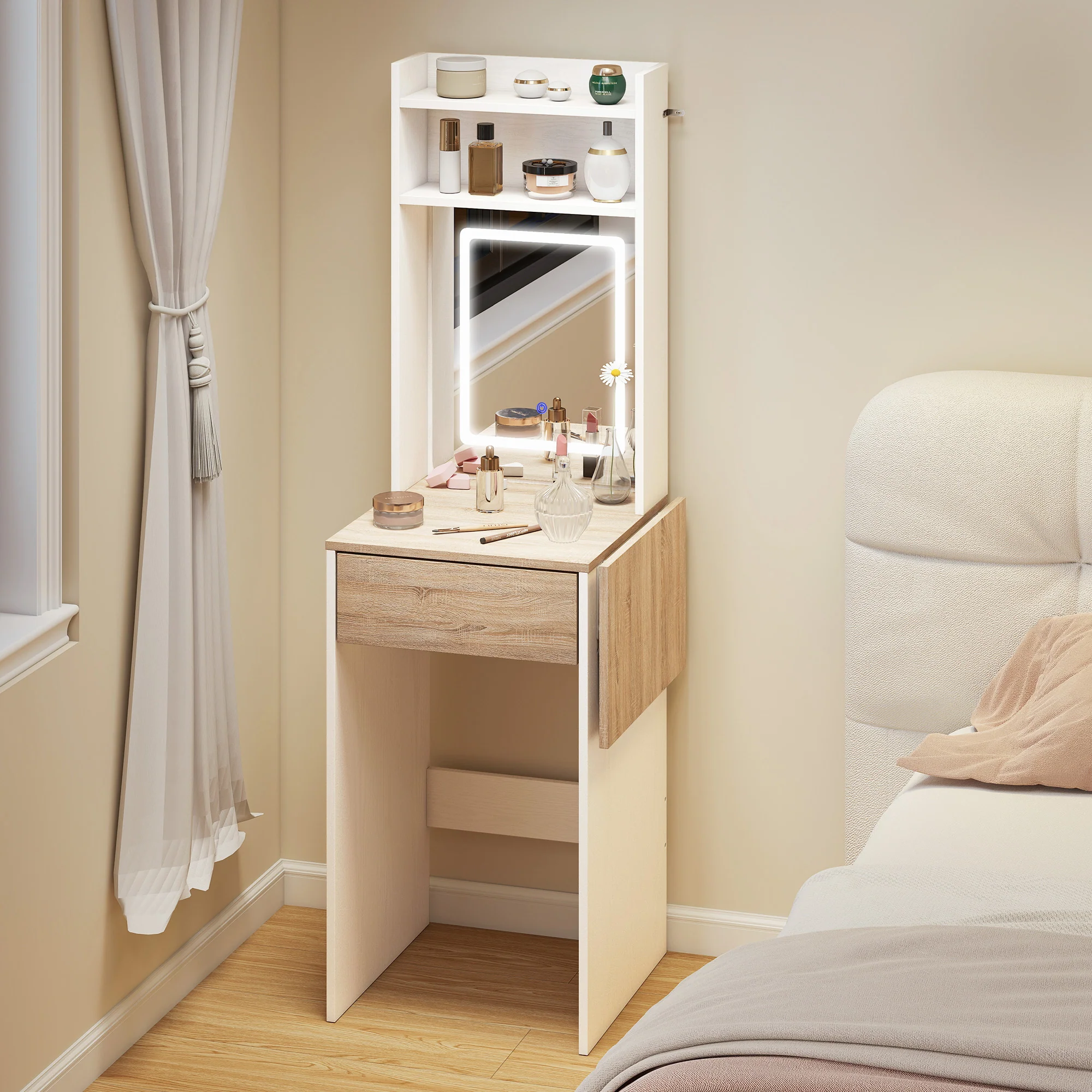 HOMCOM Compact Dressing Table with Lighted Mirror Open Shelves Drawer White - Image 2