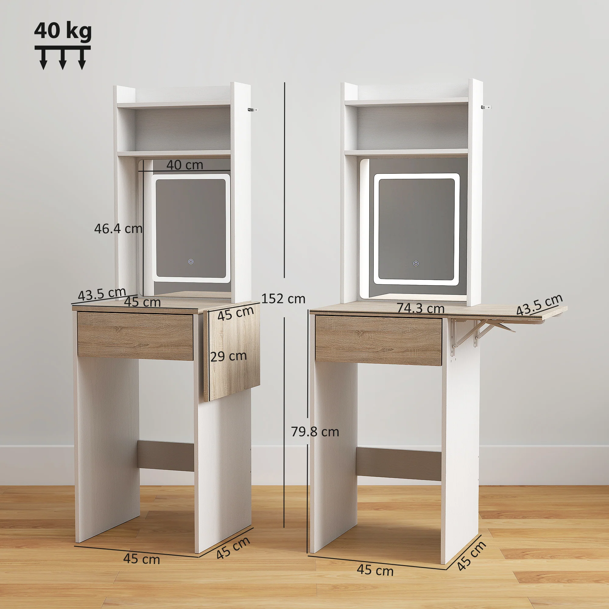 HOMCOM Compact Dressing Table with Lighted Mirror Open Shelves Drawer White - Image 3