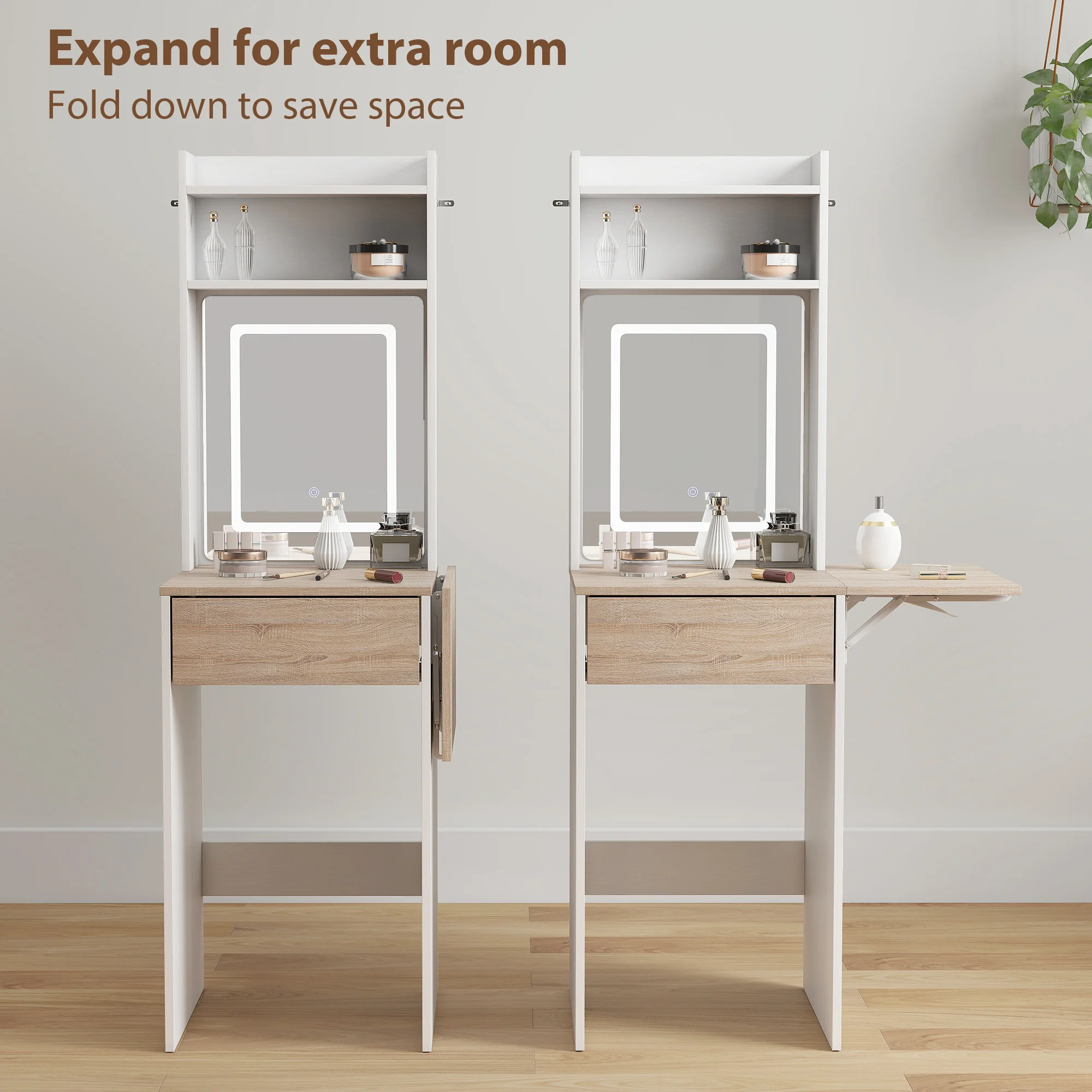 HOMCOM Compact Dressing Table with Lighted Mirror Open Shelves Drawer White - Image 5