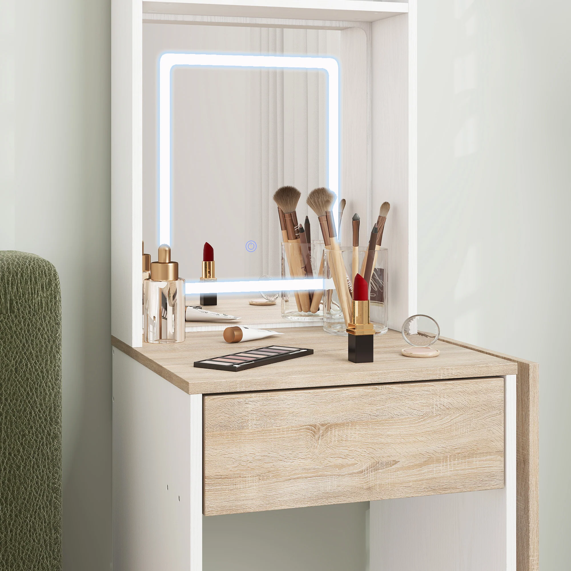 HOMCOM Compact Dressing Table with Lighted Mirror Open Shelves Drawer White - Image 9