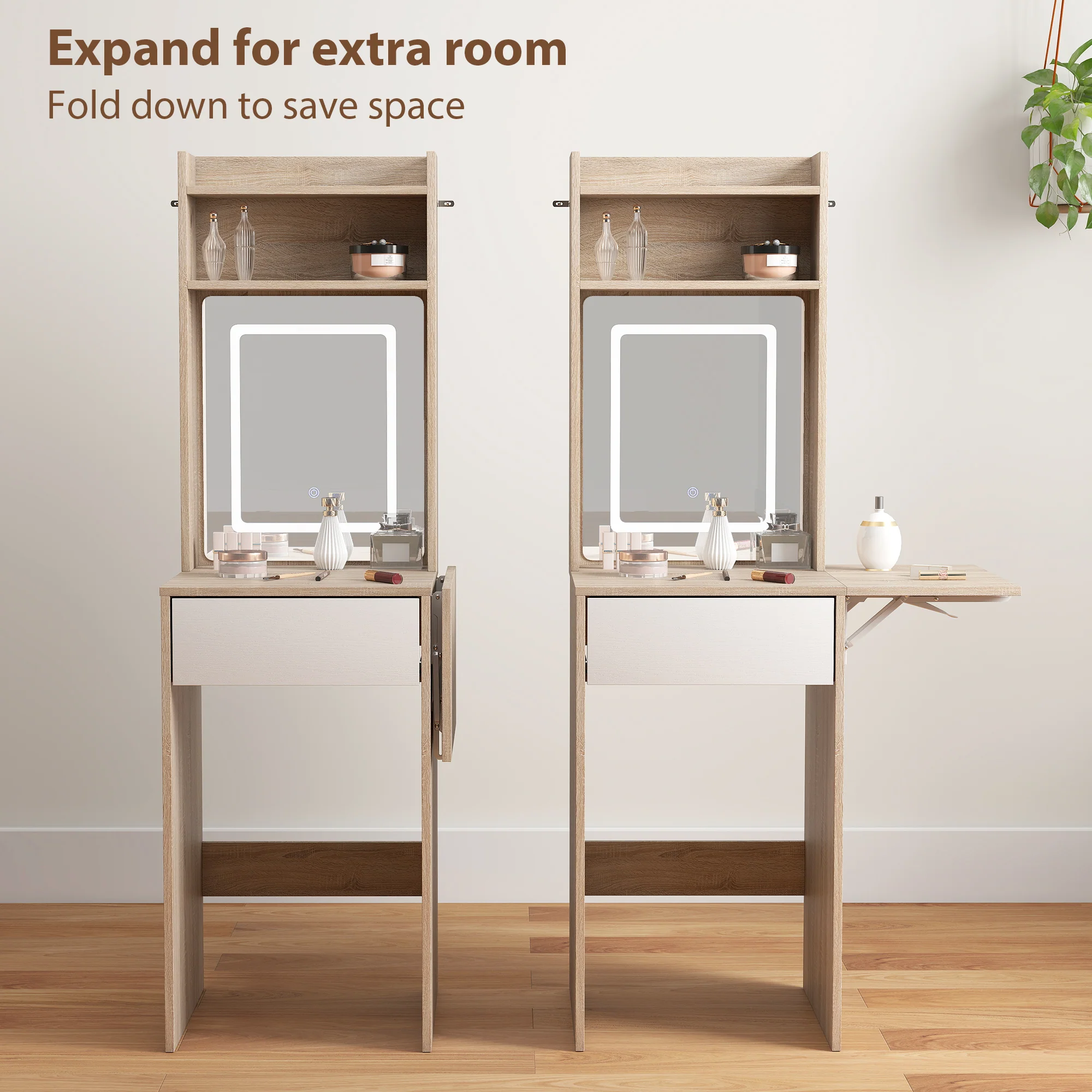 HOMCOM Compact Dressing Table with Lighted Mirror Open Shelves Natural Wood - Image 5