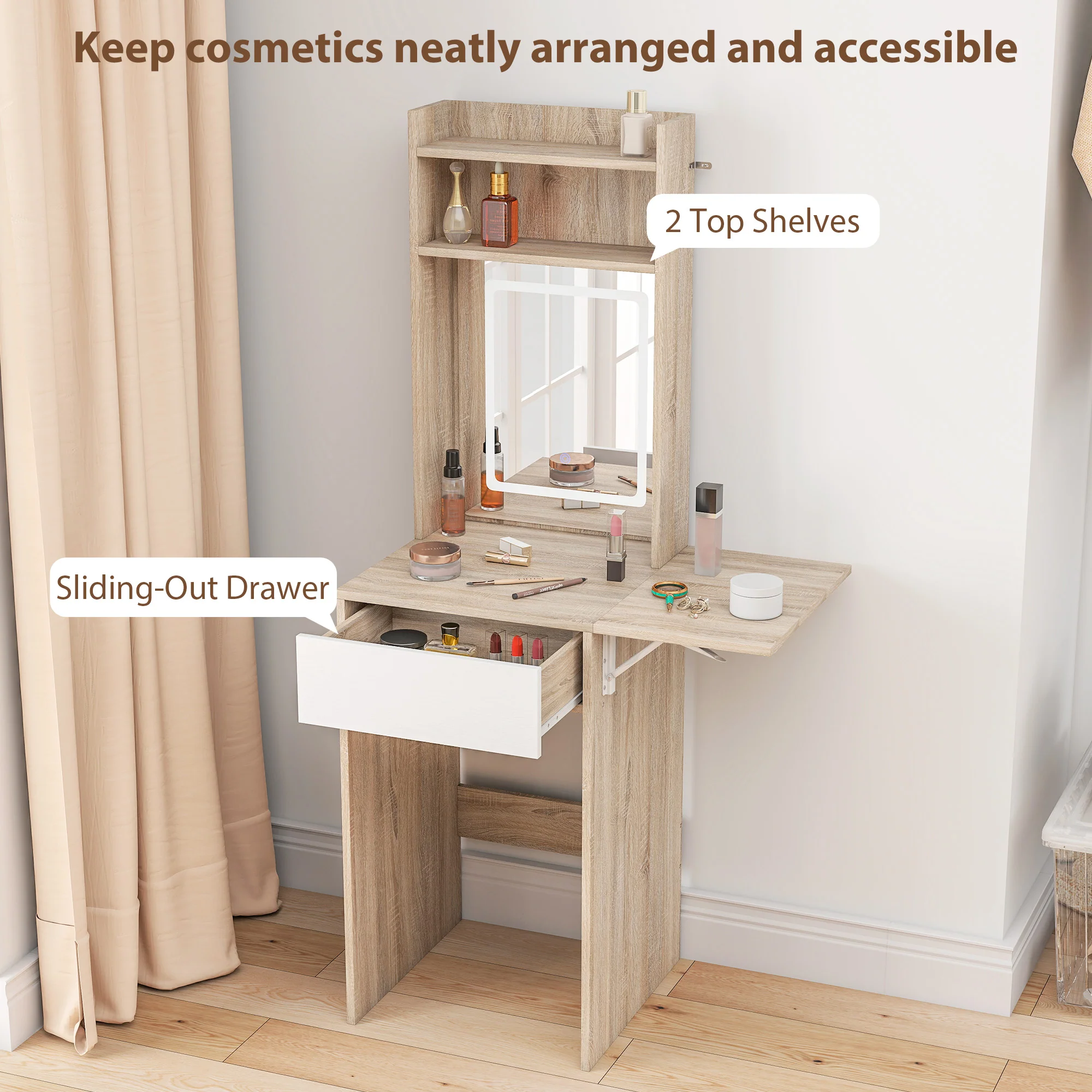 HOMCOM Compact Dressing Table with Lighted Mirror Open Shelves Natural Wood - Image 6