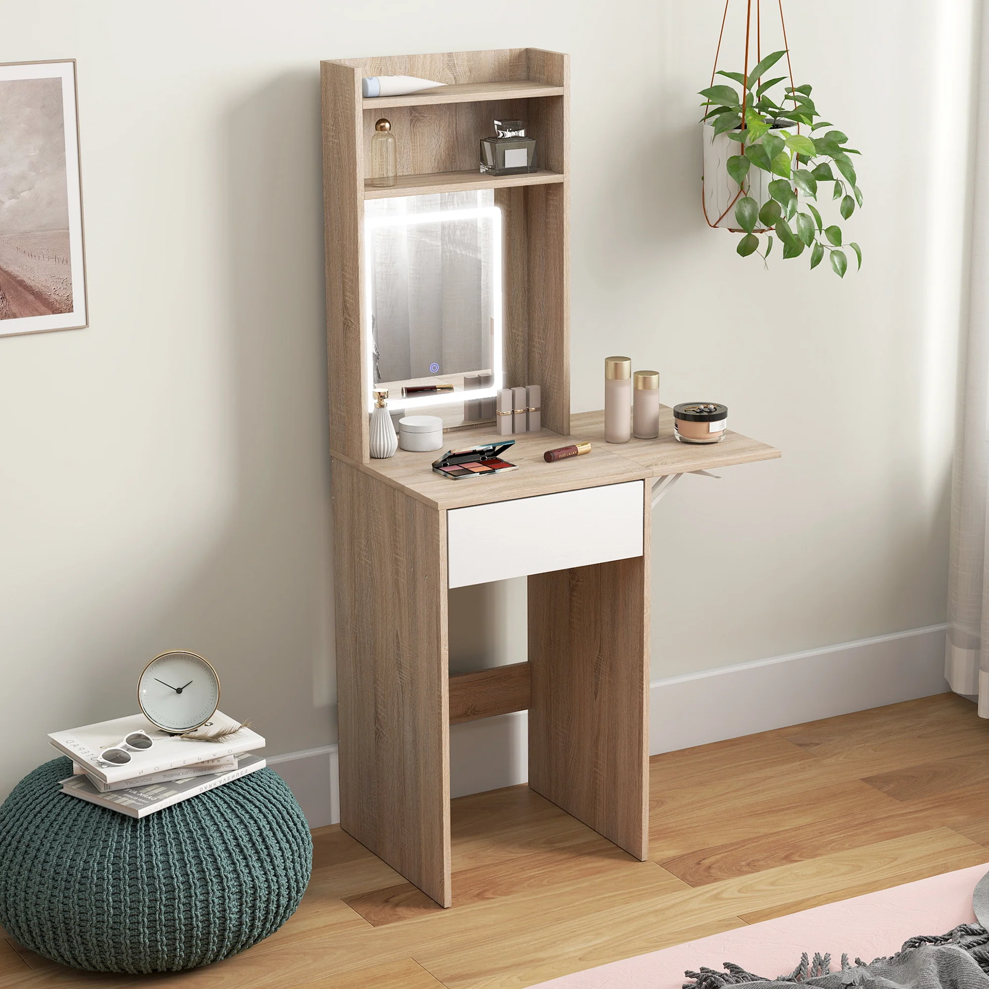 HOMCOM Compact Dressing Table with Lighted Mirror Open Shelves Natural Wood - Image 8