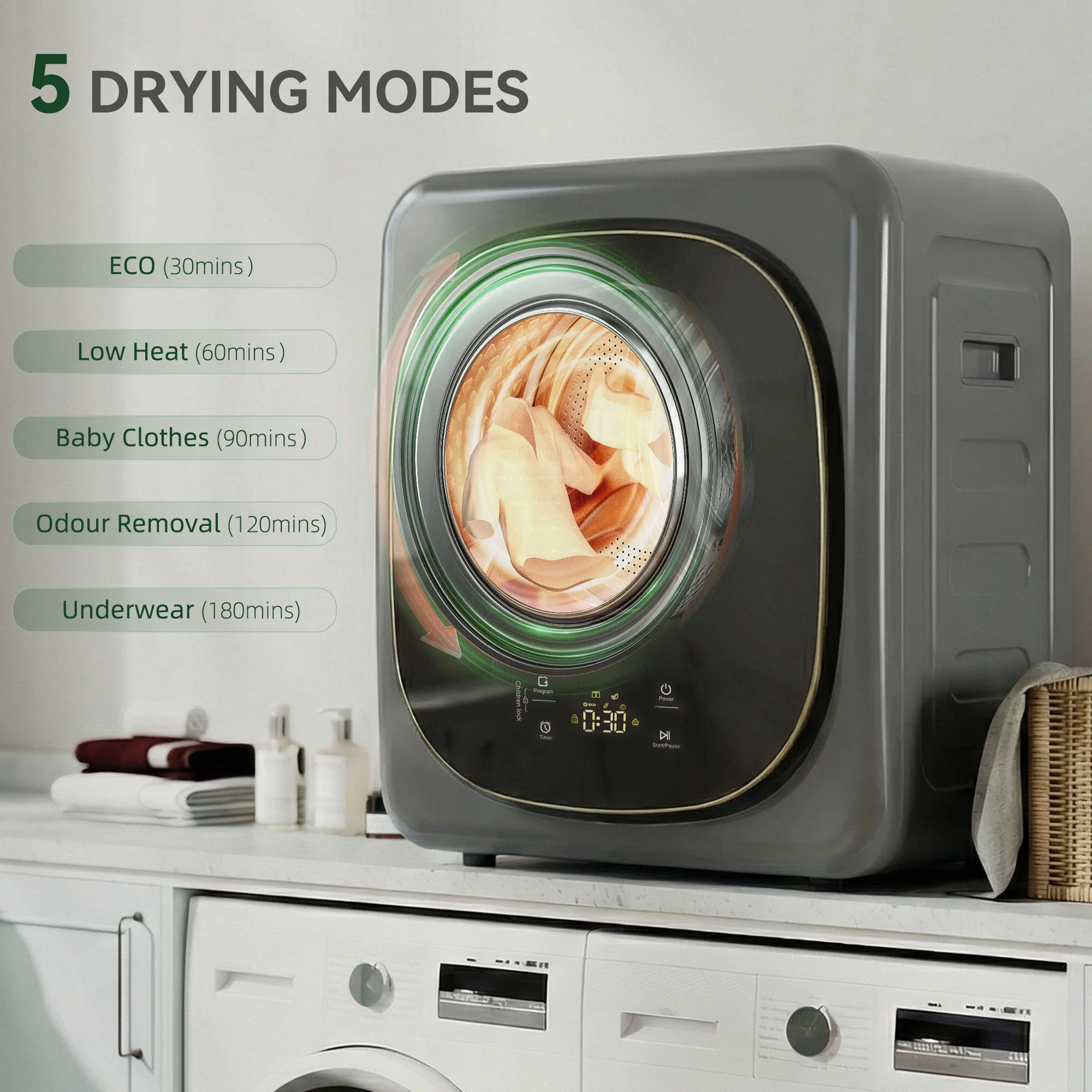 HOMCOM Compact Dryer Machine With 5 Modes, 4kg Small Tumble Dryer, Grey - Image 4