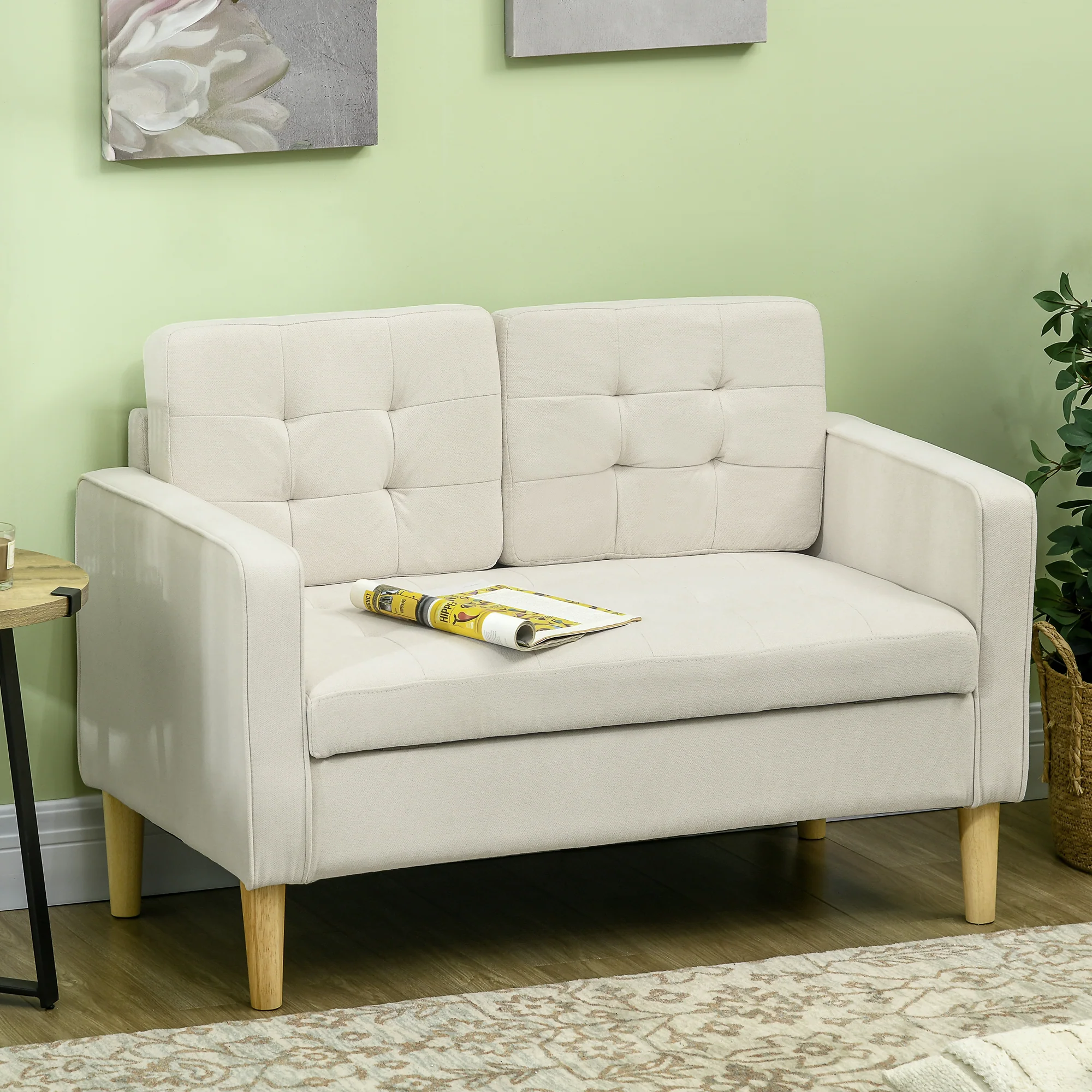 HOMCOM Compact Loveseat Sofa 2 Seater Sofa with Storage and Wood Legs Cream - Image 6